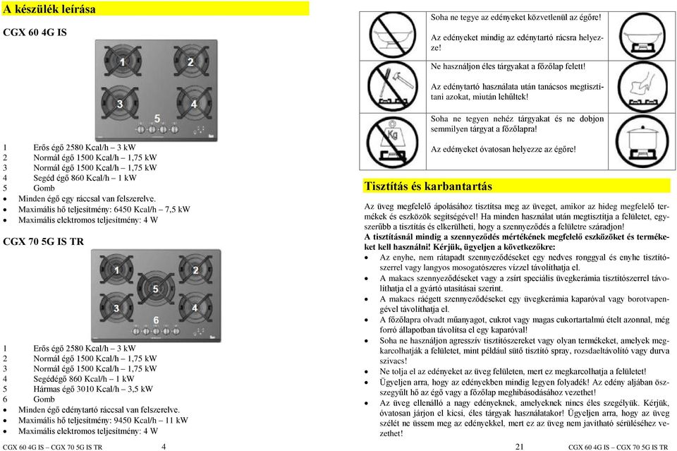 Maximális hõ teljesítmény: 6450 Kcal/h 7,5 kw Maximális elektromos teljesítmény: 4 W CGX 70 5G IS TR 1 Erõs égõ 2580 Kcal/h 3 kw 2 Normál égõ 1500 Kcal/h 1,75 kw 3 Normál égõ 1500 Kcal/h 1,75 kw 4