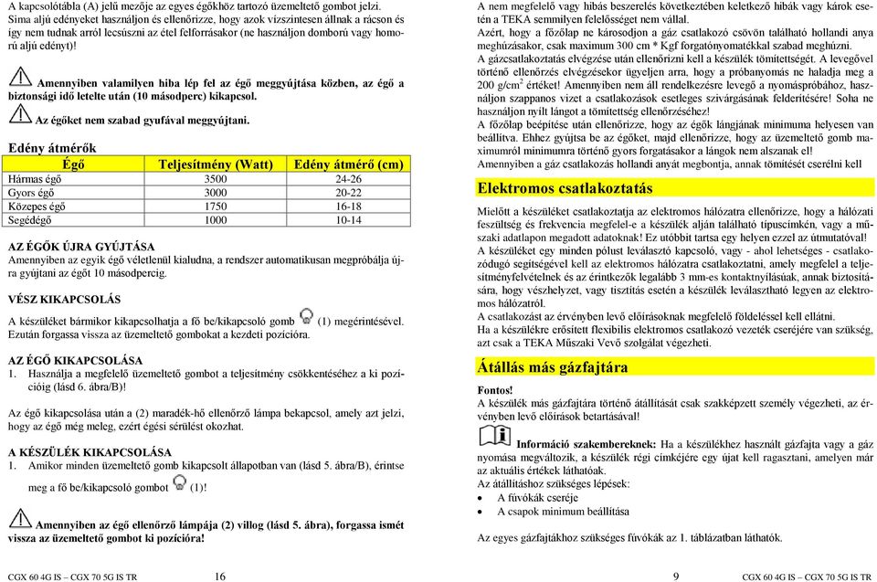 Amennyiben valamilyen hiba lép fel az égõ meggyújtása közben, az égõ a biztonsági idõ letelte után (10 másodperc) kikapcsol. Az égõket nem szabad gyufával meggyújtani.