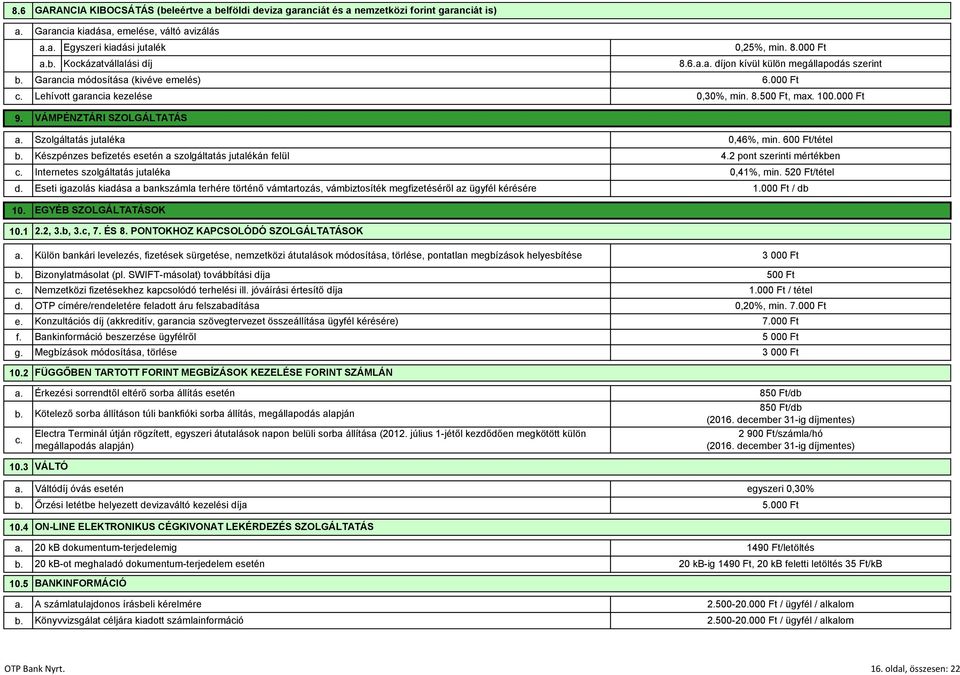 Garancia módosítása (kivéve emelés) Lehívott garancia kezelése VÁMPÉNZTÁRI SZOLGÁLTATÁS Szolgáltatás jutaléka Készpénzes befizetés esetén a szolgáltatás jutalékán felül Internetes szolgáltatás