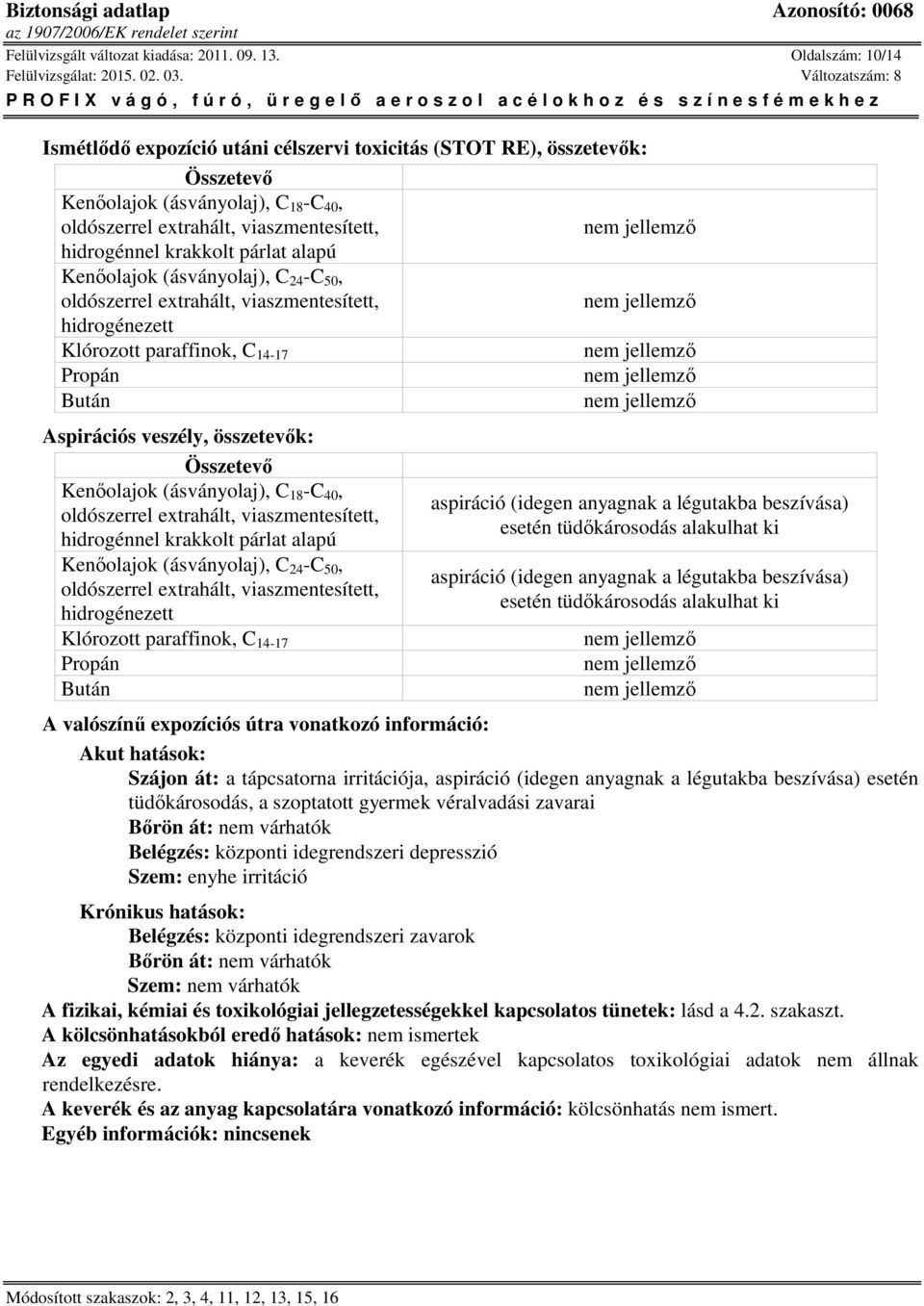 tüdőkárosodás alakulhat ki aspiráció (idegen anyagnak a légutakba beszívása) esetén tüdőkárosodás alakulhat ki A valószínű expozíciós útra vonatkozó információ: Akut hatások: Szájon át: a tápcsatorna