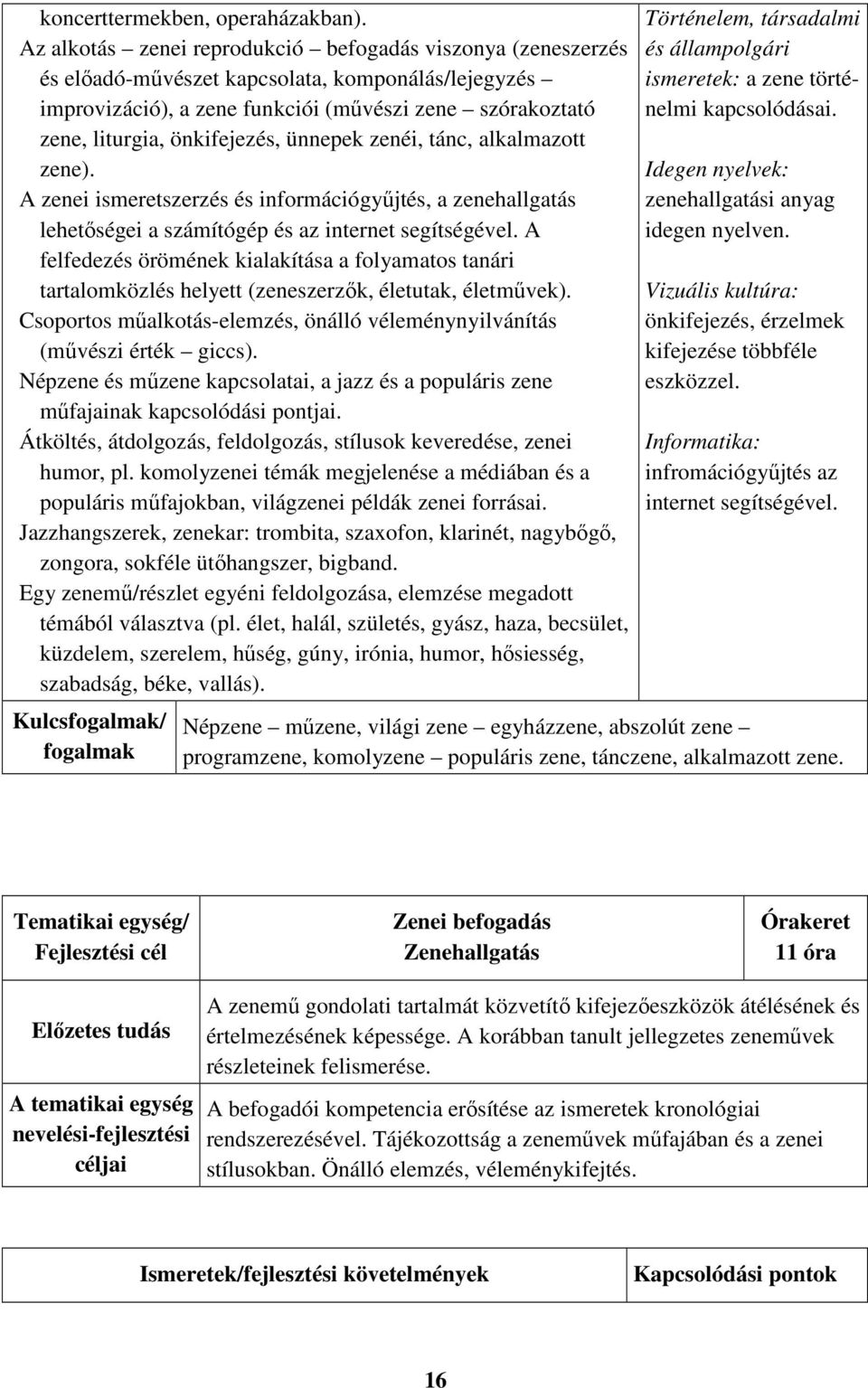 ünnepek zenéi, tánc, alkalmazott zene). A zenei ismeretszerzés és információgyűjtés, a zenehallgatás lehetőségei a számítógép és az internet segítségével.