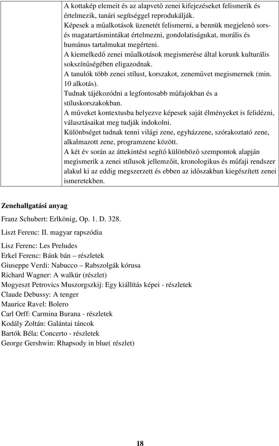 A kiemelkedő zenei műalkotások megismerése által korunk kulturális sokszínűségében eligazodnak. A tanulók több zenei stílust, korszakot, zeneművet megismernek (min. 10 alkotás).