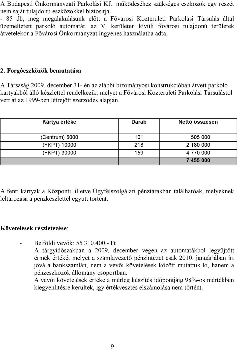 kerületen kívüli fővárosi tulajdonú területek átvételekor a Fővárosi Önkormányzat ingyenes használatba adta. 2. Forgóeszközök bemutatása A Társaság 2009.