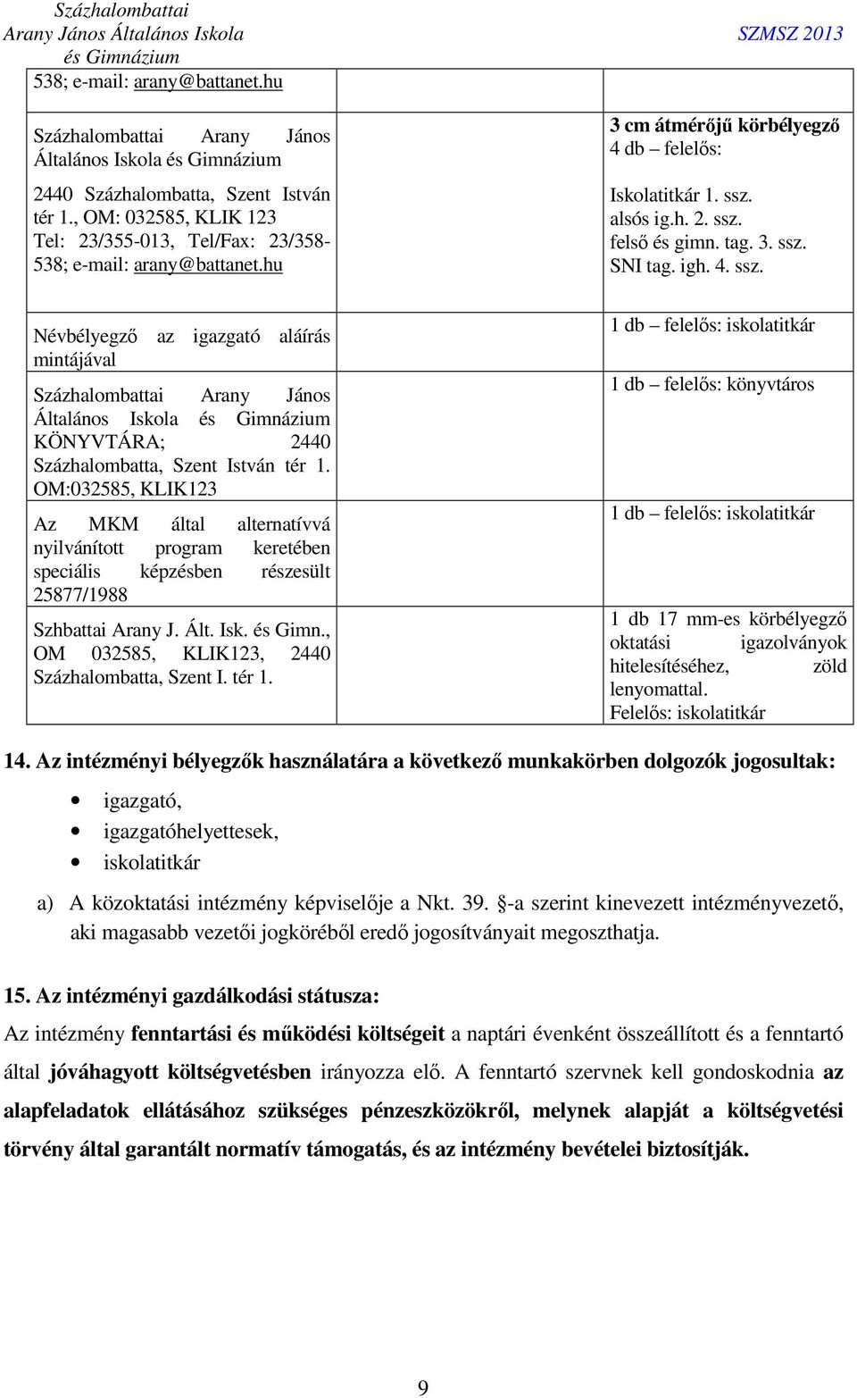 OM:032585, KLIK123 Az MKM által alternatívvá nyilvánított program keretében speciális képzésben részesült 25877/1988 Szhbattai Arany J. Ált. Isk. és Gimn.
