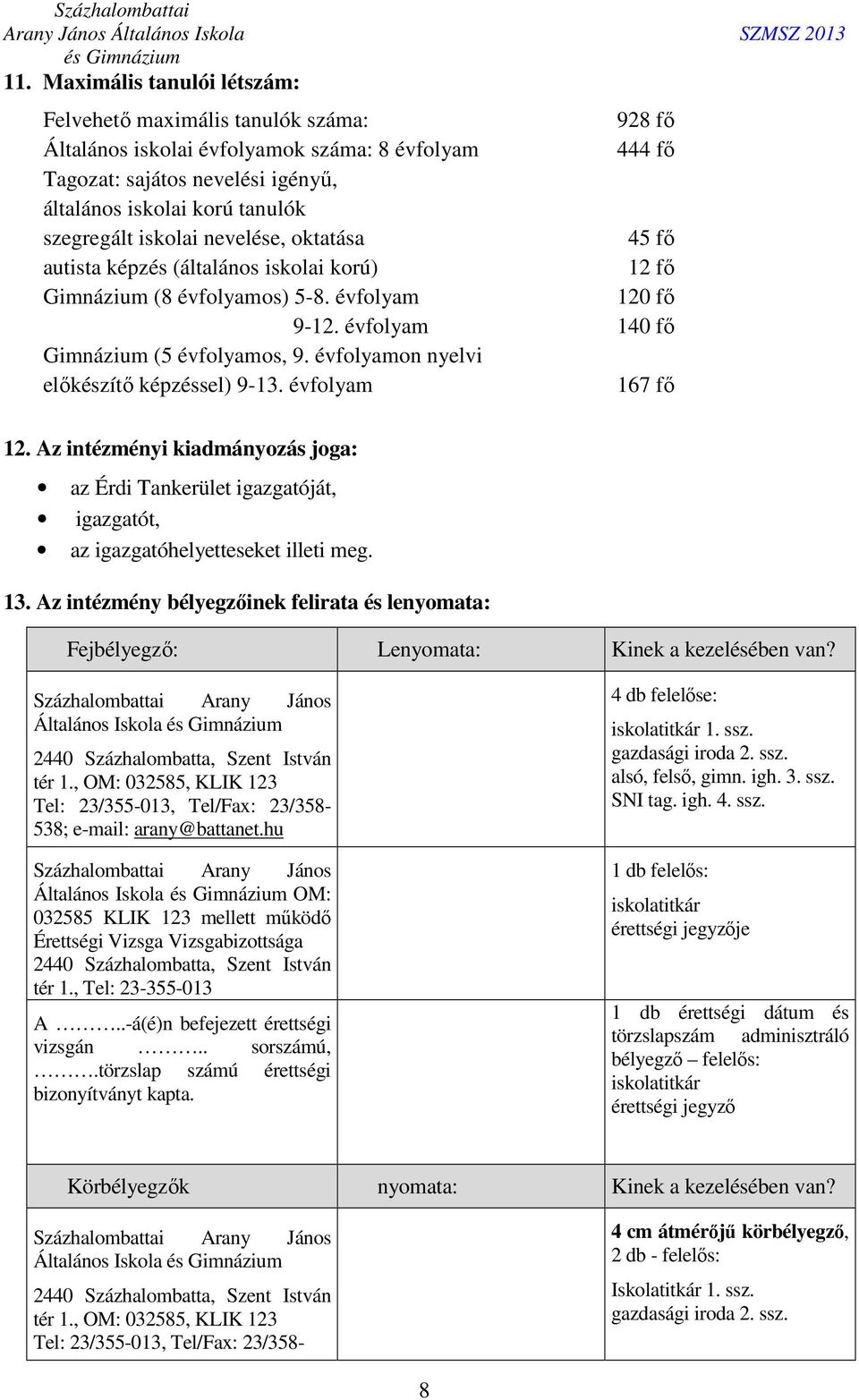 évfolyamon nyelvi előkészítő képzéssel) 9-13. évfolyam 167 fő 12. Az intézményi kiadmányozás joga: az Érdi Tankerület igazgatóját, igazgatót, az igazgatóhelyetteseket illeti meg. 13.