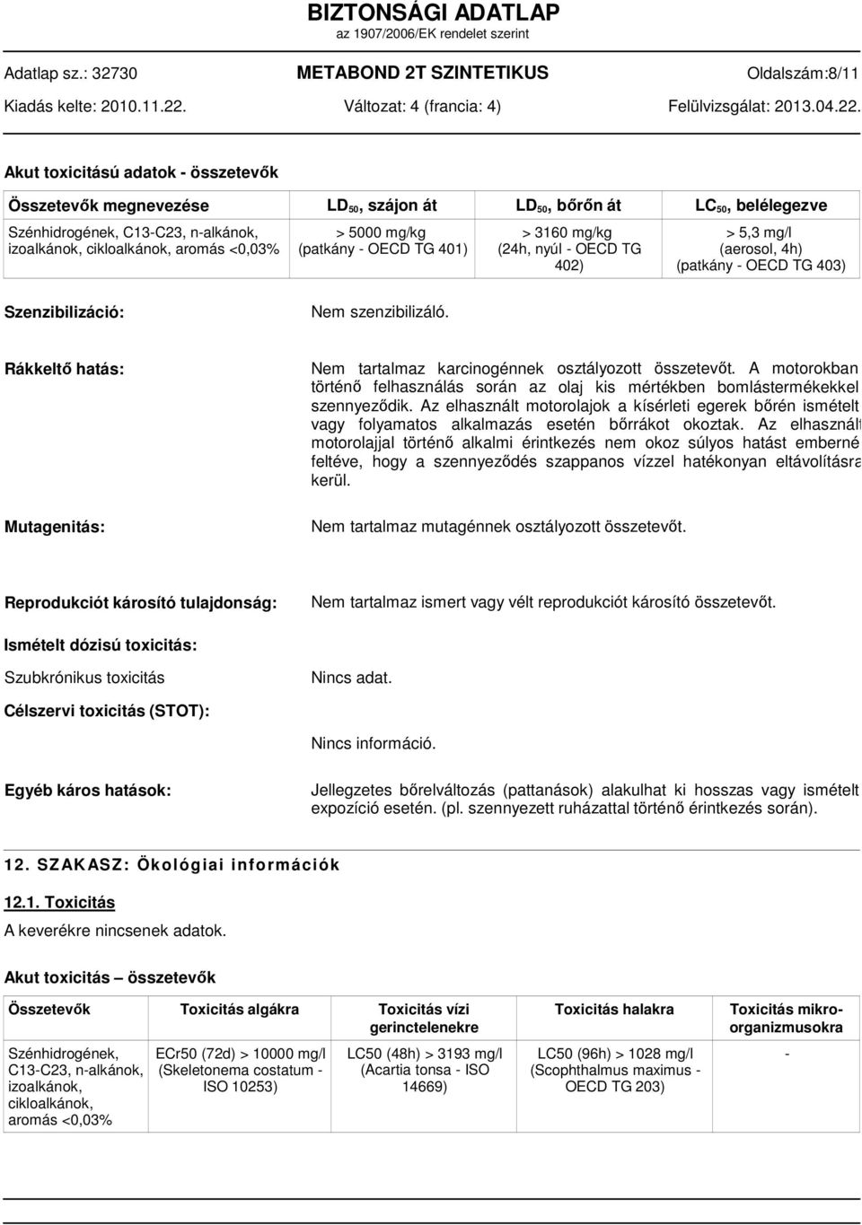 Rákkeltő hatás: Mutagenitás: Nem tartalmaz karcinogénnek osztályozott összetevőt. A motorokban történő felhasználás során az olaj kis mértékben bomlástermékekkel szennyeződik.