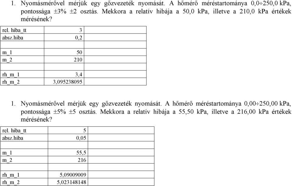 hiba 0,2 m_1 50 m_2 210 rh_m_1 3,4 rh_m_2 3,095238095 1. Nyomásmérővel mérjük egy gőzvezeték nyomását.