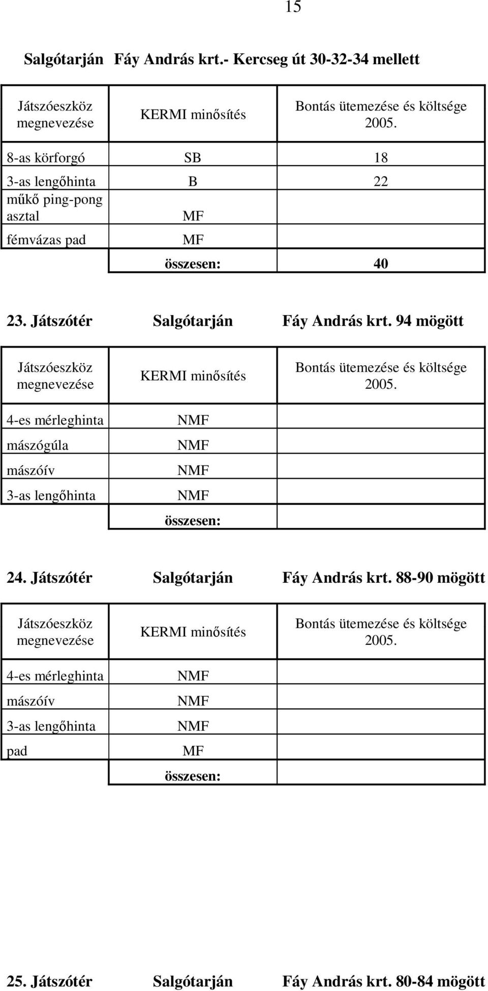 fémvázas pad MF 40 23. Játszótér Salgótarján Fáy András krt.