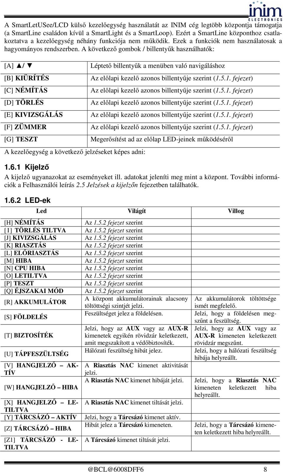 A következő gombok / billentyűk használhatók: [A] / [B] KIÜRÍTÉS [C] NÉMÍTÁS [D] TÖRLÉS [E] KIVIZSGÁLÁS [F] ZÜMMER [G] TESZT A kezelőegység a következő jelzéseket képes adni: Léptető billentyűk a