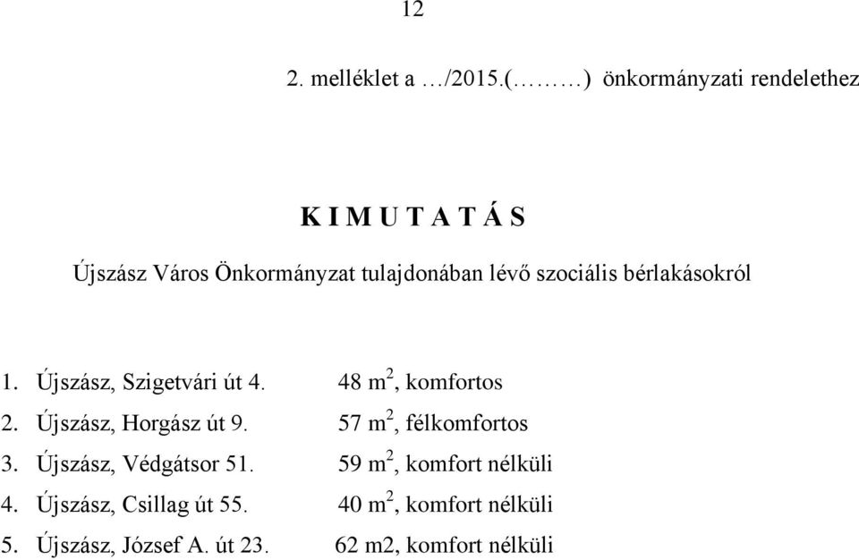 szociális bérlakásokról 1. Újszász, Szigetvári út 4. 48 m 2, komfortos 2. Újszász, Horgász út 9.