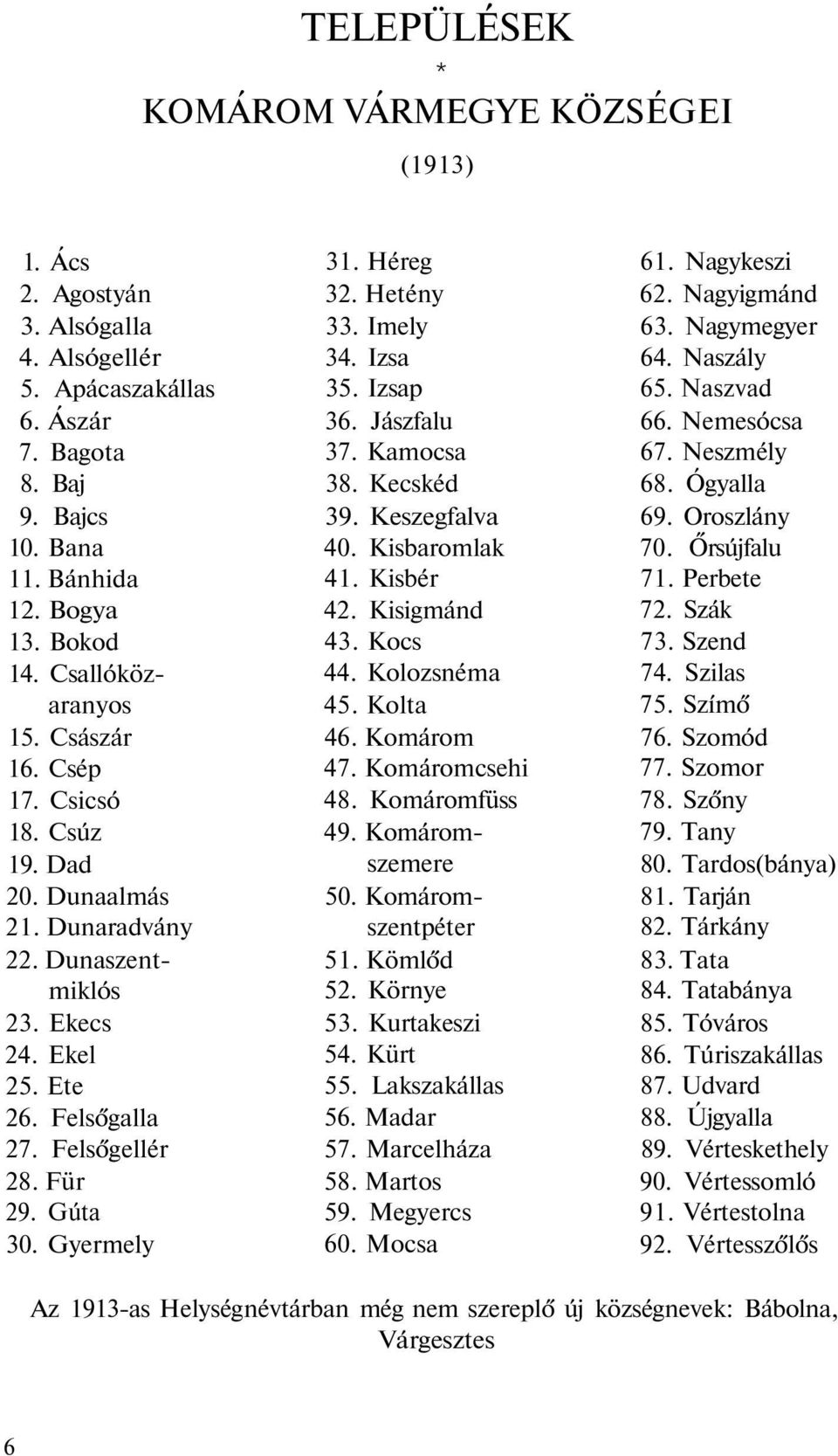 Gyermely 31. Héreg 32. Hetény 33. Imely 34. Izsa 35. Izsap 36. Jászfalu 37. Kamocsa 38. Kecskéd 39. Keszegfalva 40. Kisbaromlak 41. Kisbér 42. Kisigmánd 43. Kocs 44. Kolozsnéma 45. Kolta 46.