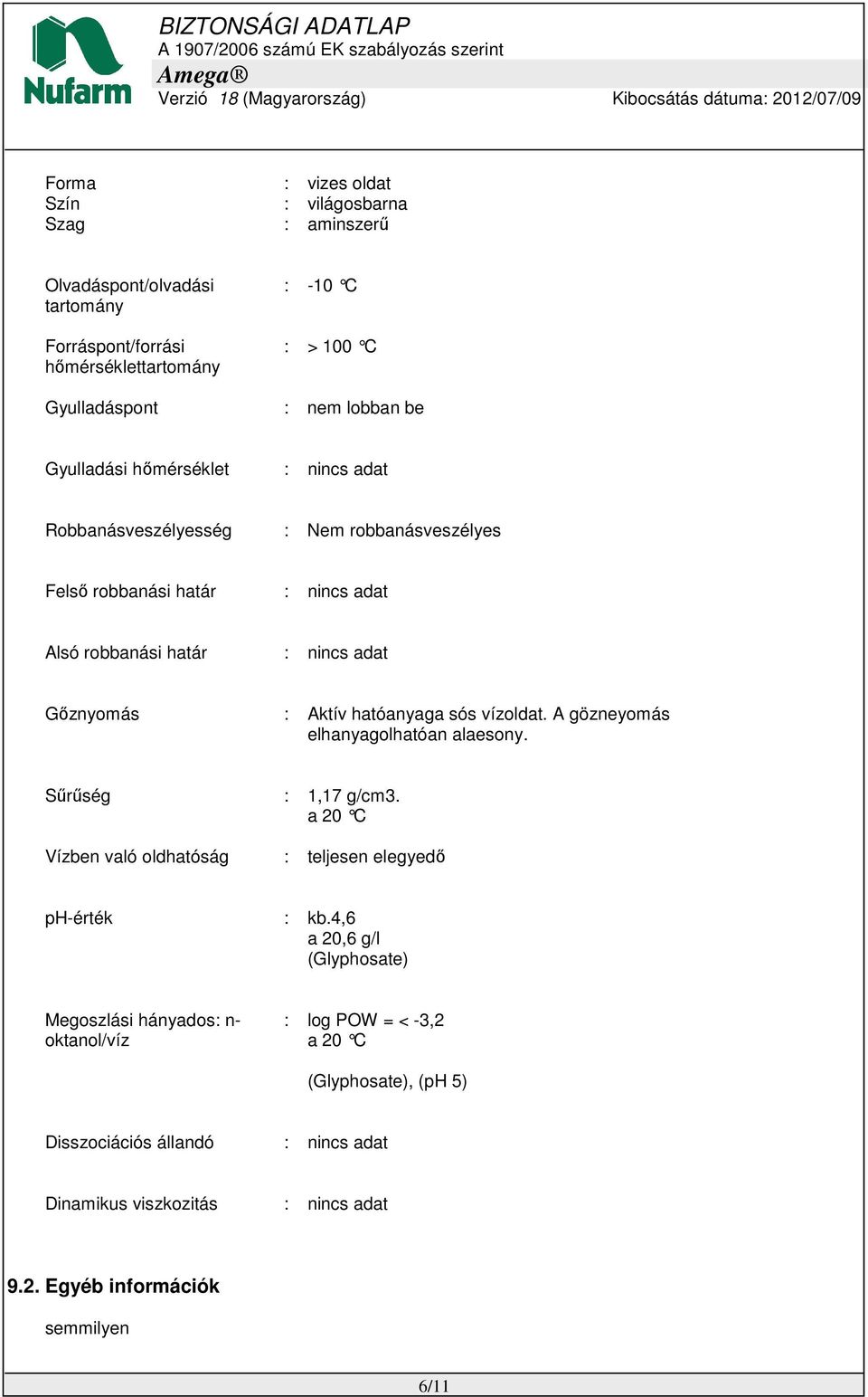 sós vízoldat. A gözneyomás elhanyagolhatóan alaesony. Sűrűség : 1,17 g/cm3. a 20 C Vízben való oldhatóság : teljesen elegyedő ph-érték : kb.