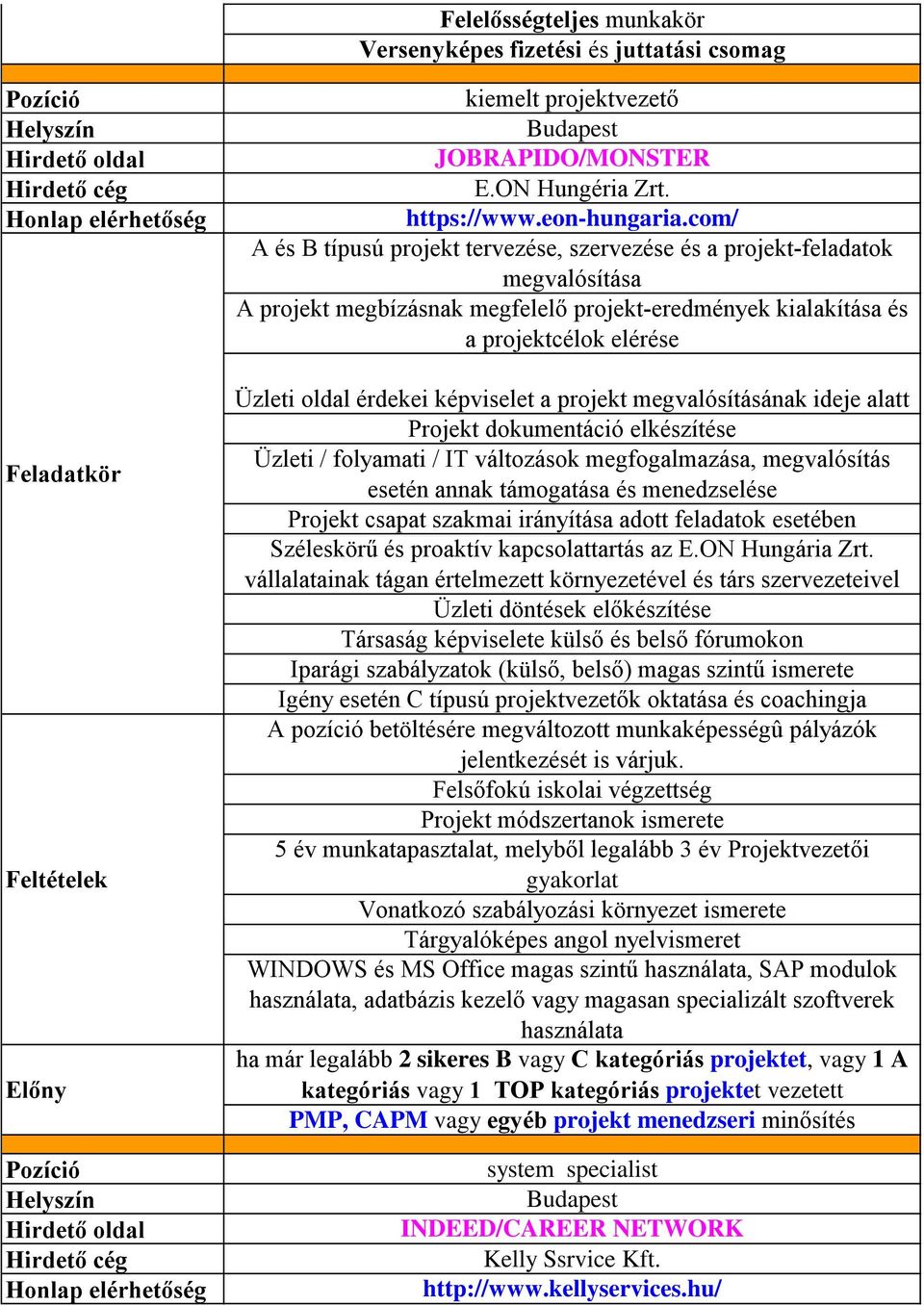 képviselet a projekt megvalósításának ideje alatt Projekt dokumentáció elkészítése Üzleti / folyamati / IT változások megfogalmazása, megvalósítás esetén annak támogatása és menedzselése Projekt