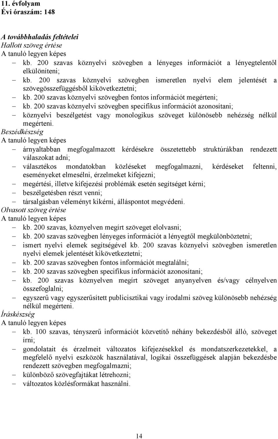 200 szavas köznyelvi szövegben specifikus információt azonosítani; köznyelvi beszélgetést vagy monologikus szöveget különösebb nehézség nélkül megérteni.