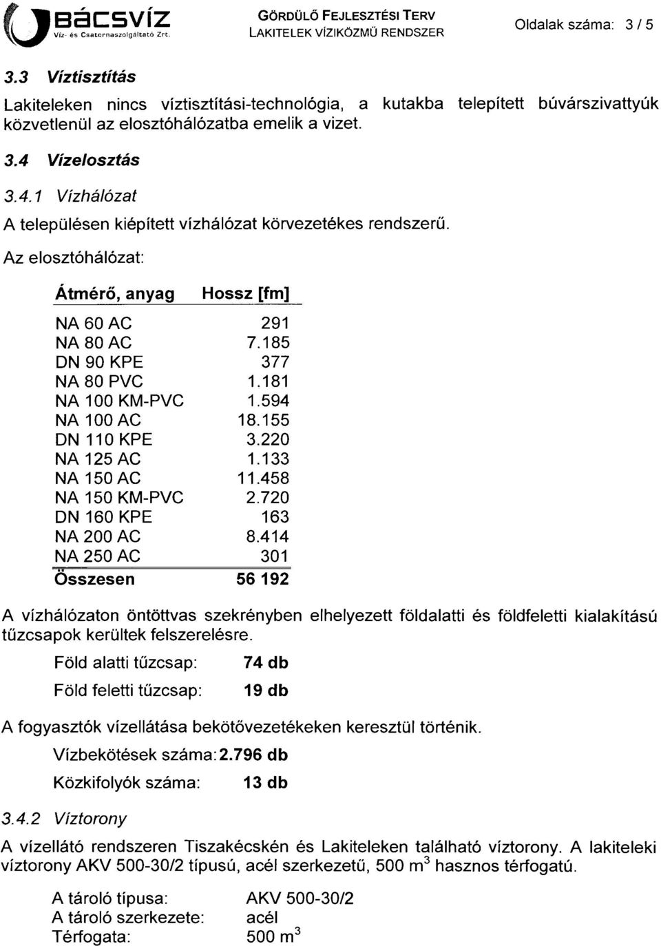 Vízelosztás 3.4.1 Vízhálózat A településen kiépített vízhálózat körvezetékes rendszerű. A z elosztóhálózat: Átmérő, anyag Hossz [fm] NA 60 AC 291 NA 80 AC 7.185 DN 90 KPE 377 NA 80 PVC 1.