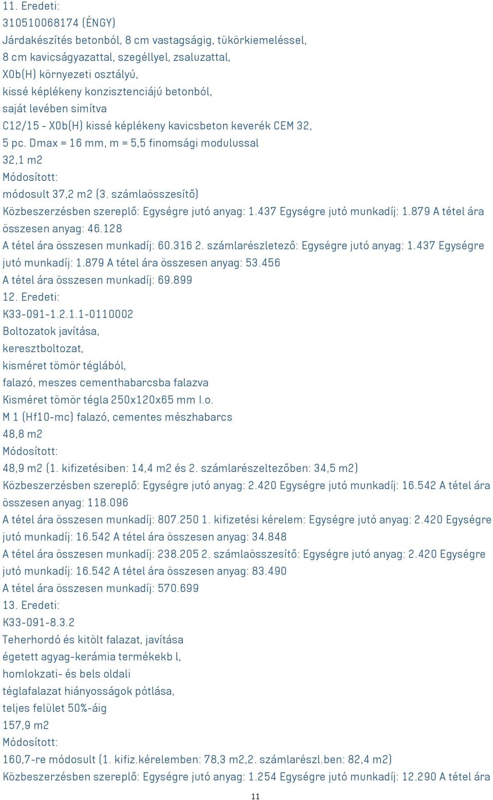 számlaösszesítő) Közbeszerzésben szereplő: Egységre jutó anyag: 1.437 Egységre jutó munkadíj: 1.879 A tétel ára összesen anyag: 46.128 A tétel ára összesen munkadíj: 60.316 2.