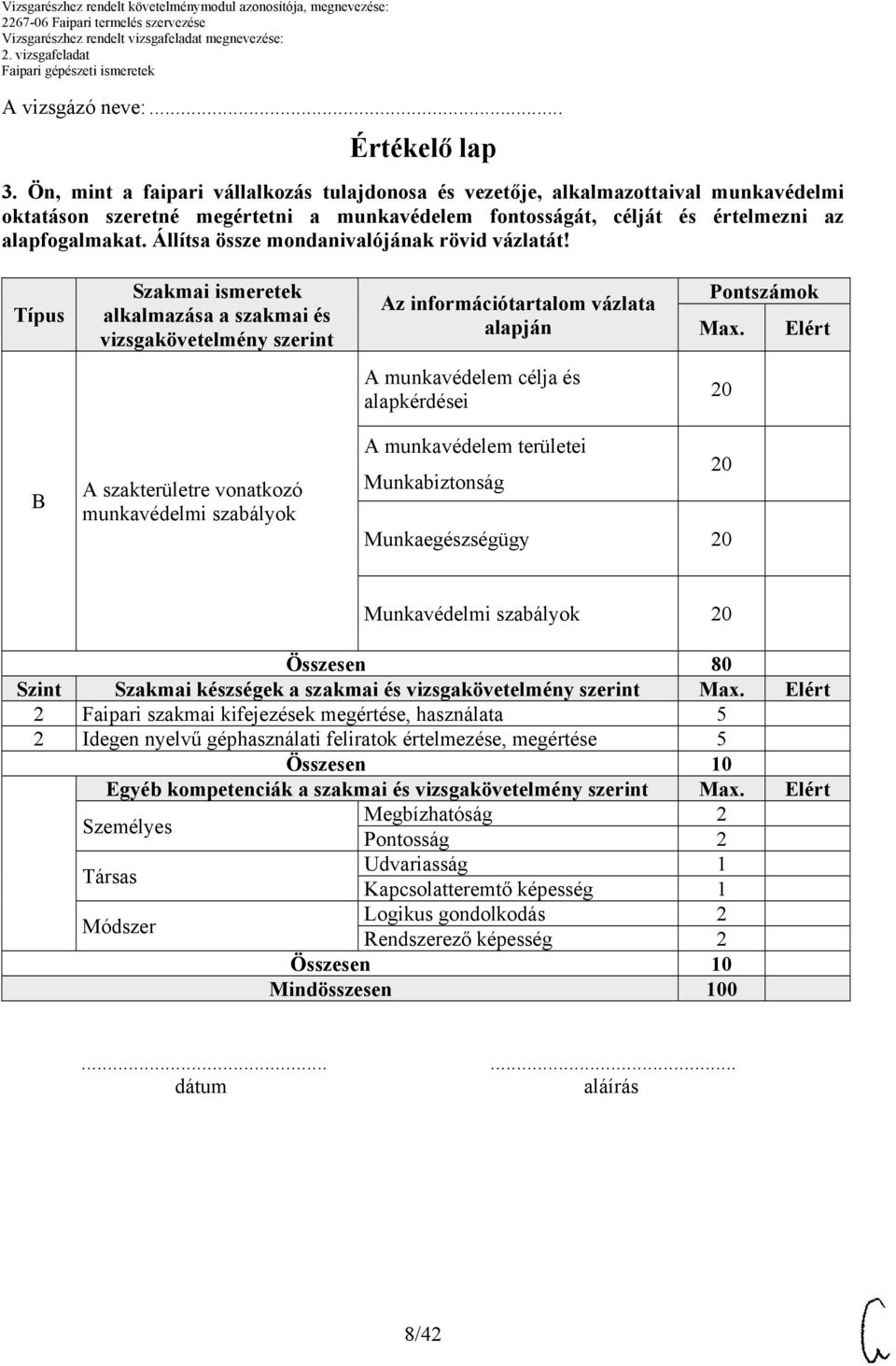 Állítsa össze mondanivalójának rövid vázlatát! Típus Szakmai ismeretek alkalmazása a szakmai és vizsgakövetelmény szerint Az információtartalom vázlata alapján Pontszámok Max.