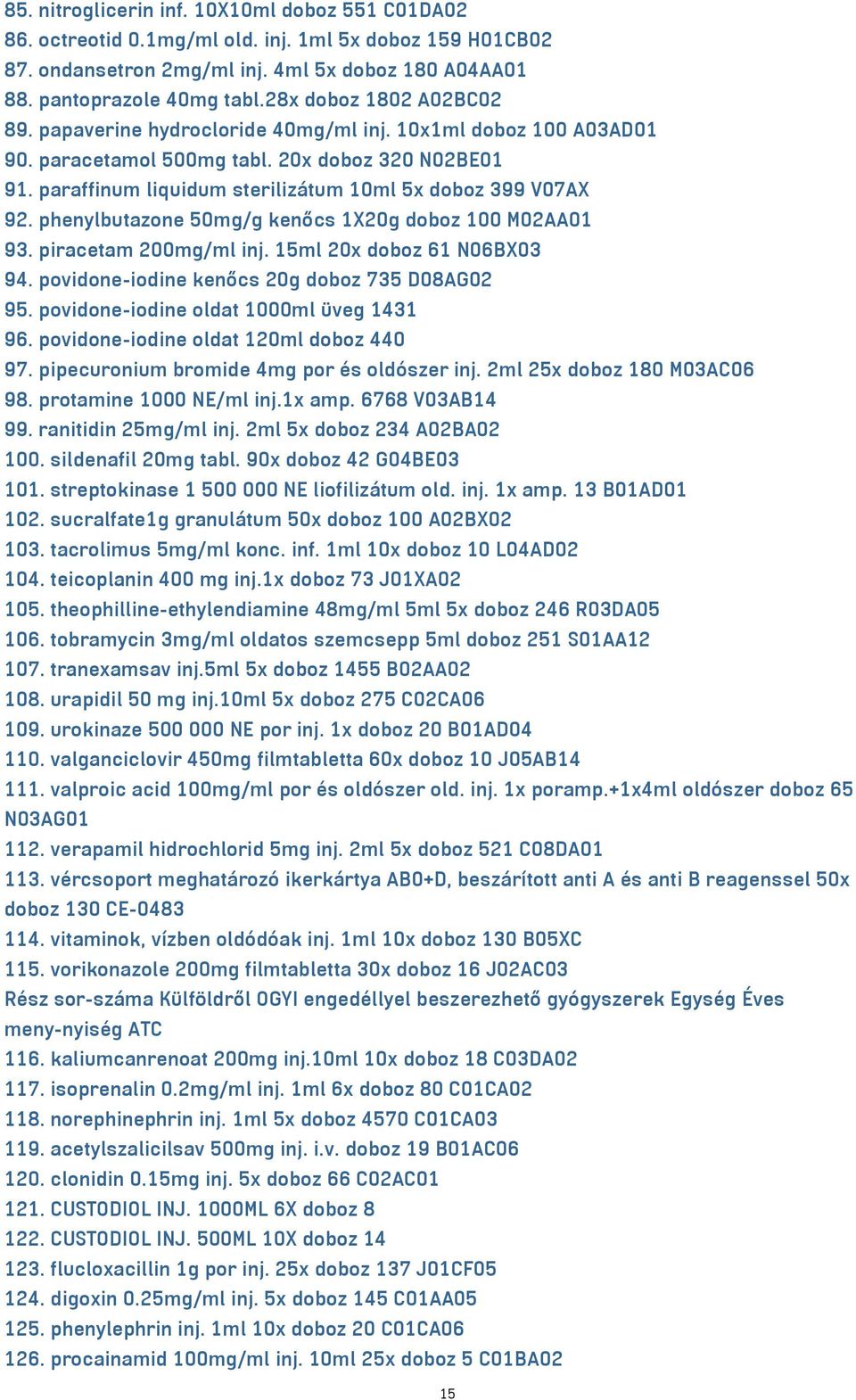 paraffinum liquidum sterilizátum 10ml 5x doboz 399 V07AX 92. phenylbutazone 50mg/g kenőcs 1X20g doboz 100 M02AA01 93. piracetam 200mg/ml inj. 15ml 20x doboz 61 N06BX03 94.