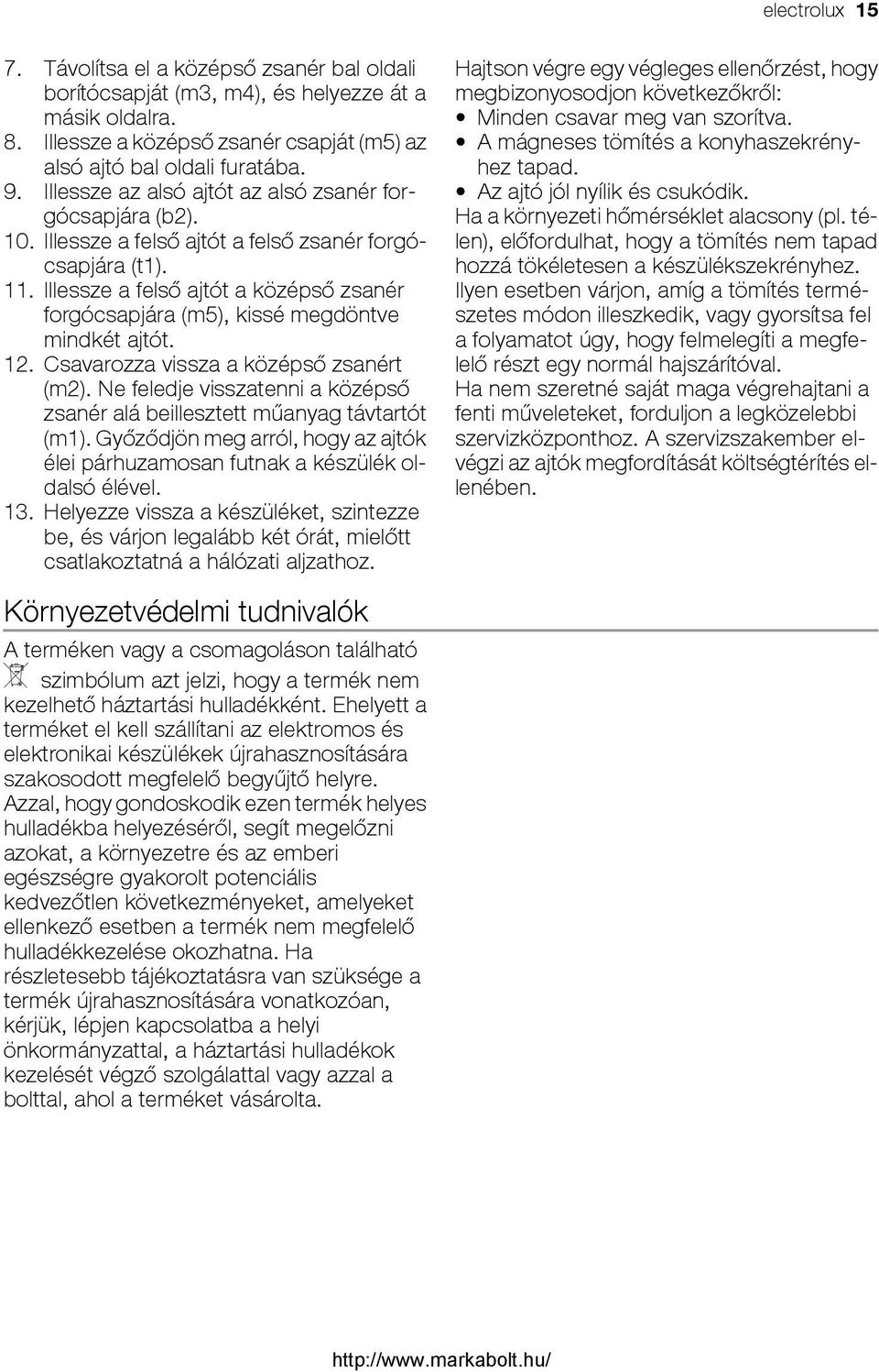 Illessze a felső ajtót a középső zsanér forgócsapjára (m5), kissé megdöntve mindkét ajtót. 12. Csavarozza vissza a középső zsanért (m2).