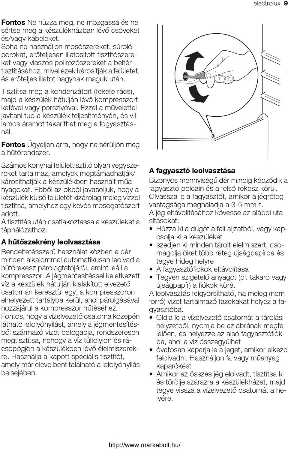 hagynak maguk után. Tisztítsa meg a kondenzátort (fekete rács), majd a készülék hátulján lévő kompresszort kefével vagy porszívóval.