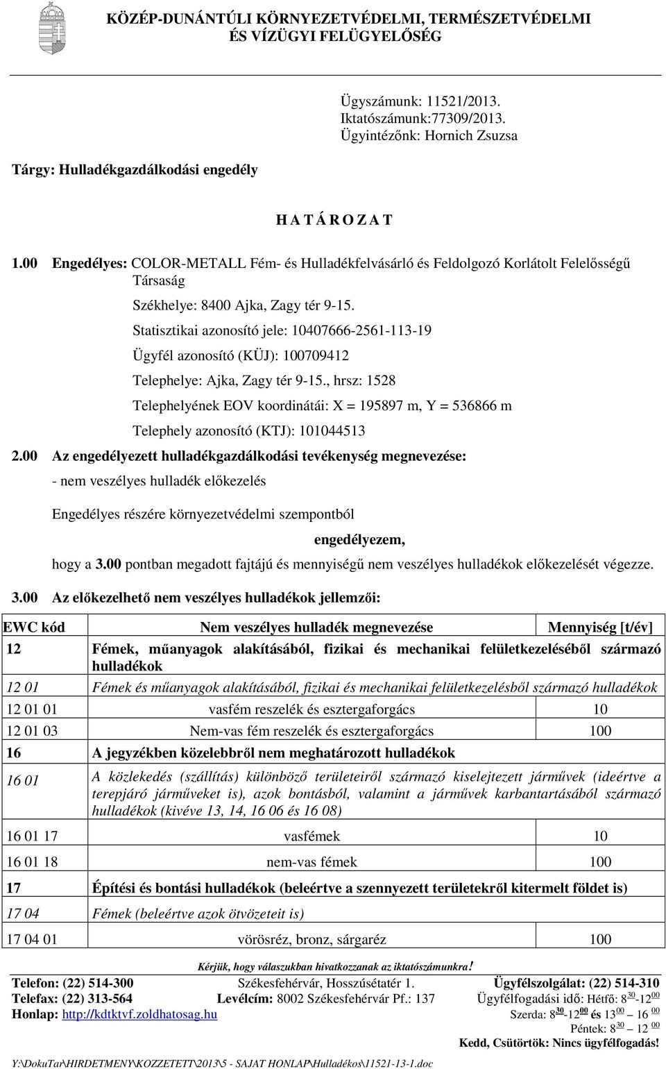 Statisztikai azonosító jele: 10407666-2561-113-19 Ügyfél azonosító (KÜJ): 100709412 Telephelye: Ajka, Zagy tér 9-15.
