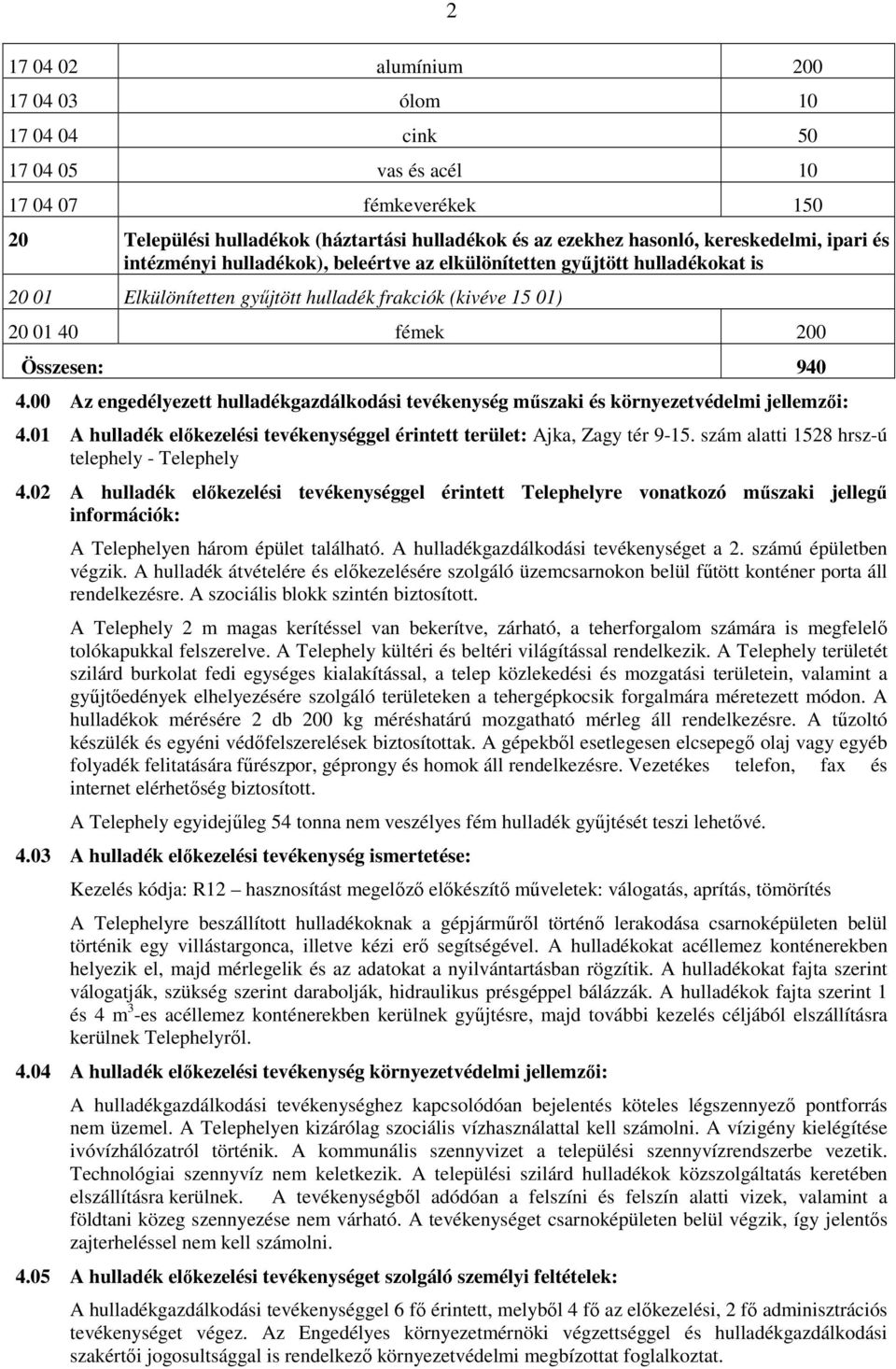00 Az engedélyezett hulladékgazdálkodási tevékenység mőszaki és környezetvédelmi jellemzıi: 4.01 A hulladék elıkezelési tevékenységgel érintett terület: Ajka, Zagy tér 9-15.