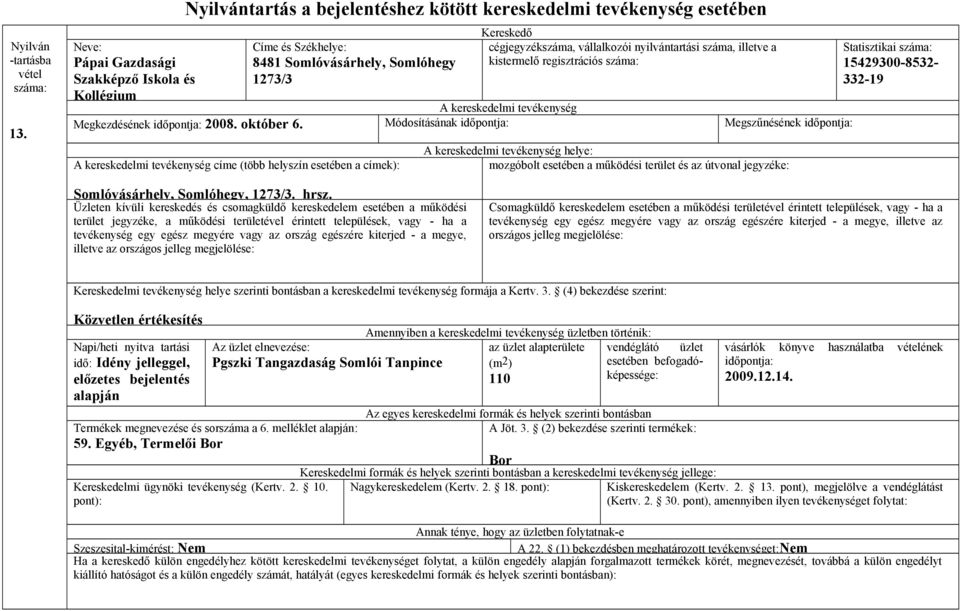 Módosításának Megszűnésének címe (több helyszín esetében a címek): helye: Statisztikai 15429300-8532- 332-19 Somlóvásárhely,