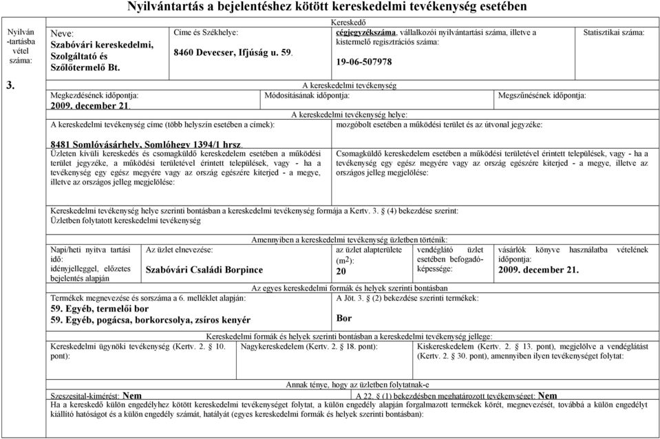 1394/1 hrsz. illetve az Üzletben folytatott kereskedelmi tevékenység idő: idényjelleggel, előzetes bejelentés alapján (m2): Szabóvári Családi pince 20 59.