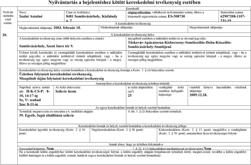 Statisztikai 62907208-1107- 231-19 helye: Tüskevár-Apácatorna-Kisberzseny-Somlószőlős-Doba-Kisszőlős- Somlóvásárhely-Somlójenő illetve az Üzletben folytatott