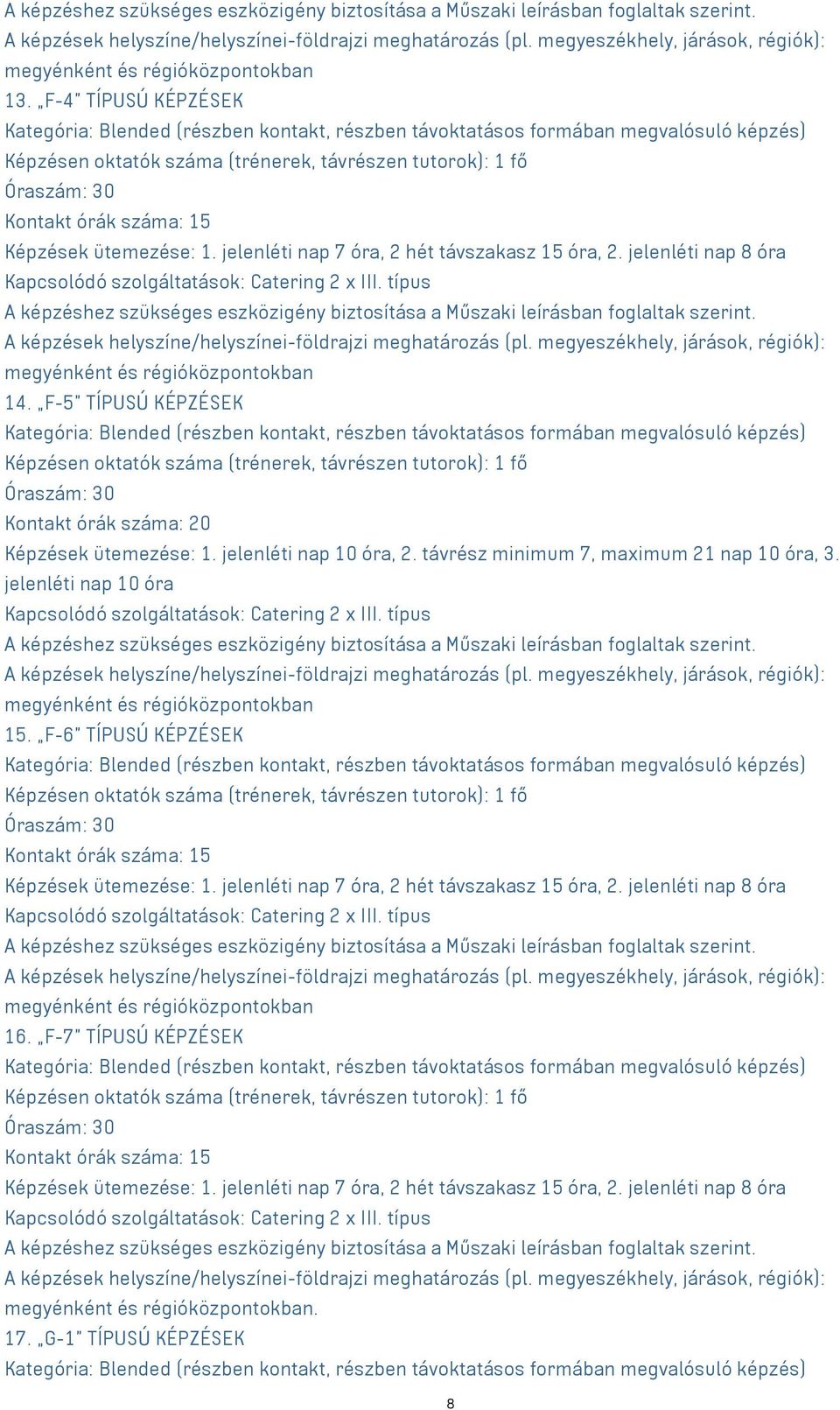 típus 15. F-6 TÍPUSÚ KÉPZÉSEK Kontakt órák száma: 15 Képzések ütemezése: 1. jelenléti nap 7 óra, 2 hét távszakasz 15 óra, 2. jelenléti nap 8 óra Kapcsolódó szolgáltatások: Catering 2 x III. típus 16.