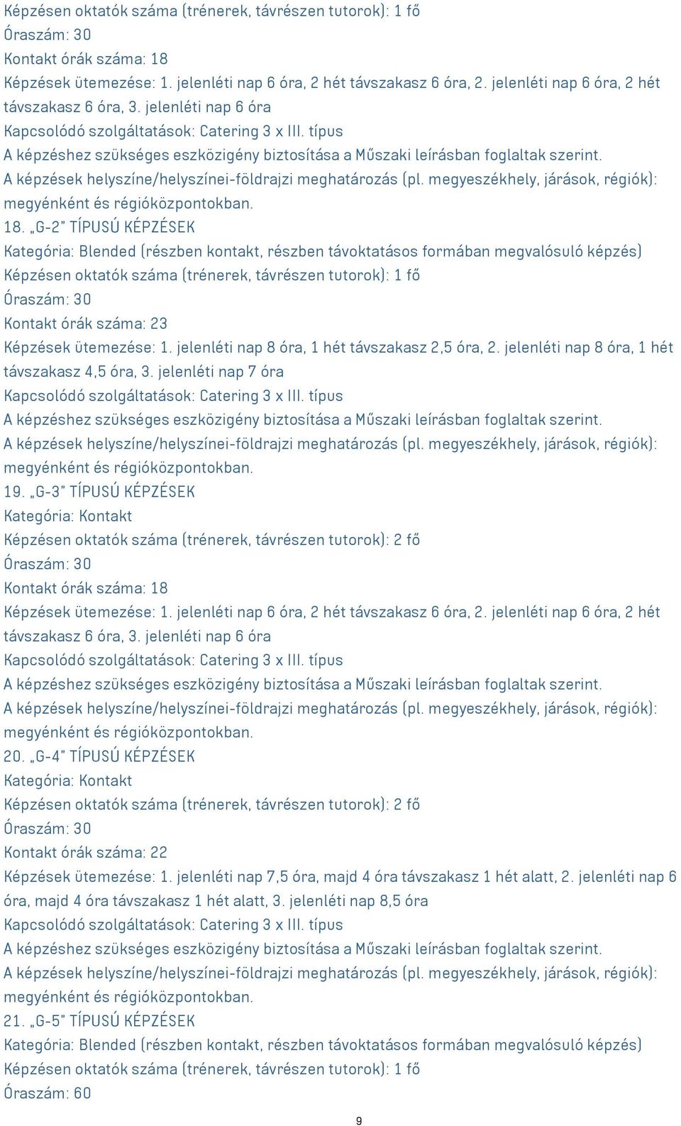jelenléti nap 7 óra Kapcsolódó szolgáltatások: Catering x III. típus. 19. G- TÍPUSÚ KÉPZÉSEK Kategória: Kontakt Képzésen oktatók száma (trénerek, távrészen tutorok): 2 fő  típus. 20.