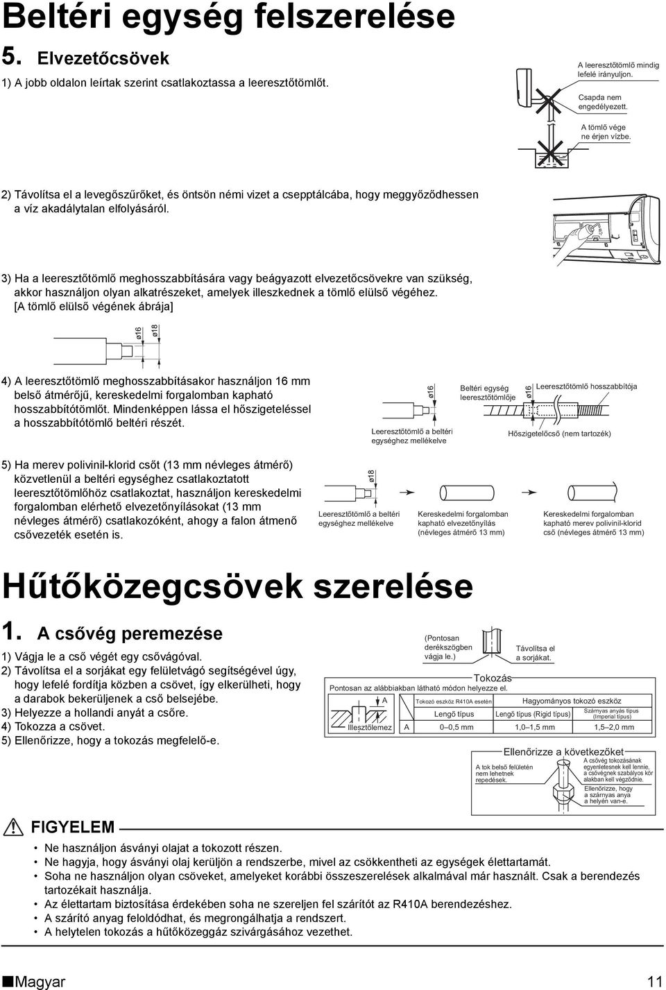 3) Ha a leeresztőtömlő meghosszabbítására vagy beágyazott elvezetőcsövekre van szükség, akkor használjon olyan alkatrészeket, amelyek illeszkednek a tömlő elülső végéhez.