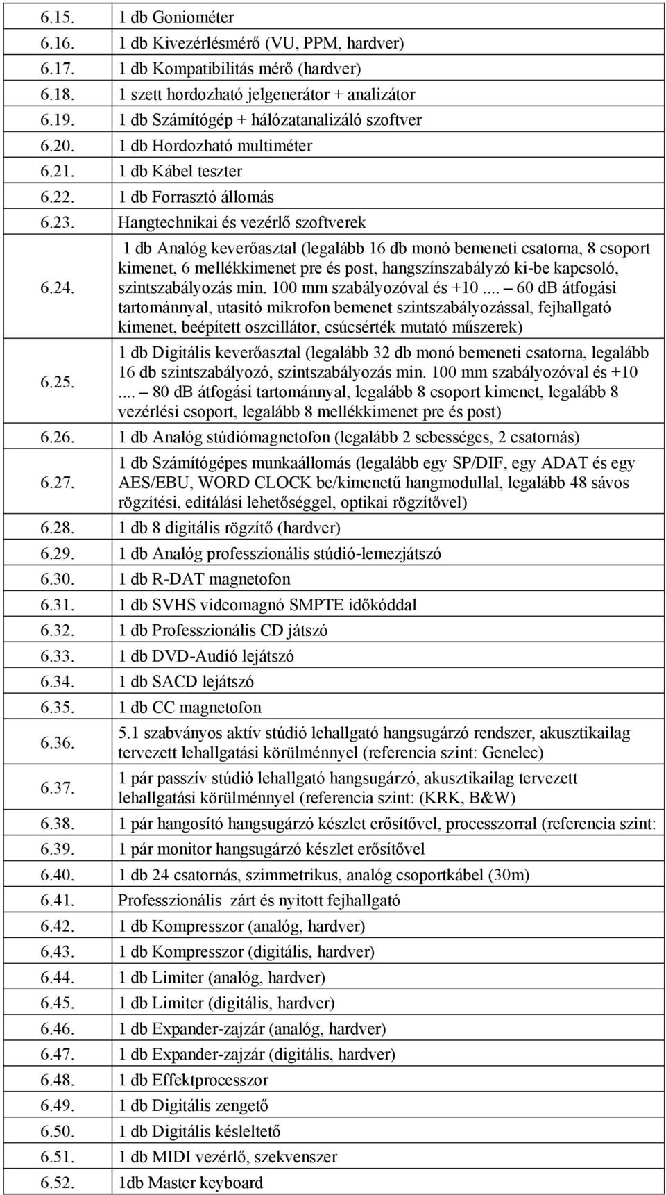 1 db Analóg keverőasztal (legalább 16 db monó bemeneti csatorna, 8 csoport kimenet, 6 mellékkimenet pre és post, hangszínszabályzó ki-be kapcsoló, szintszabályozás min. 100 mm szabályozóval és +10.