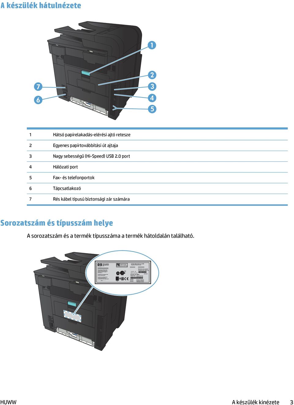 0 port 4 Hálózati port 5 Fax- és telefonportok 6 Tápcsatlakozó 7 Rés kábel típusú