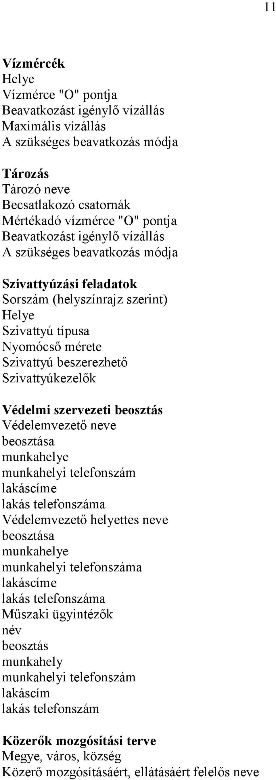 Védelmi szervezeti beosztás Védelemvezető neve beosztása munkahelye munkahelyi telefonszám lakáscíme lakás telefonszáma Védelemvezető helyettes neve beosztása munkahelye munkahelyi telefonszáma