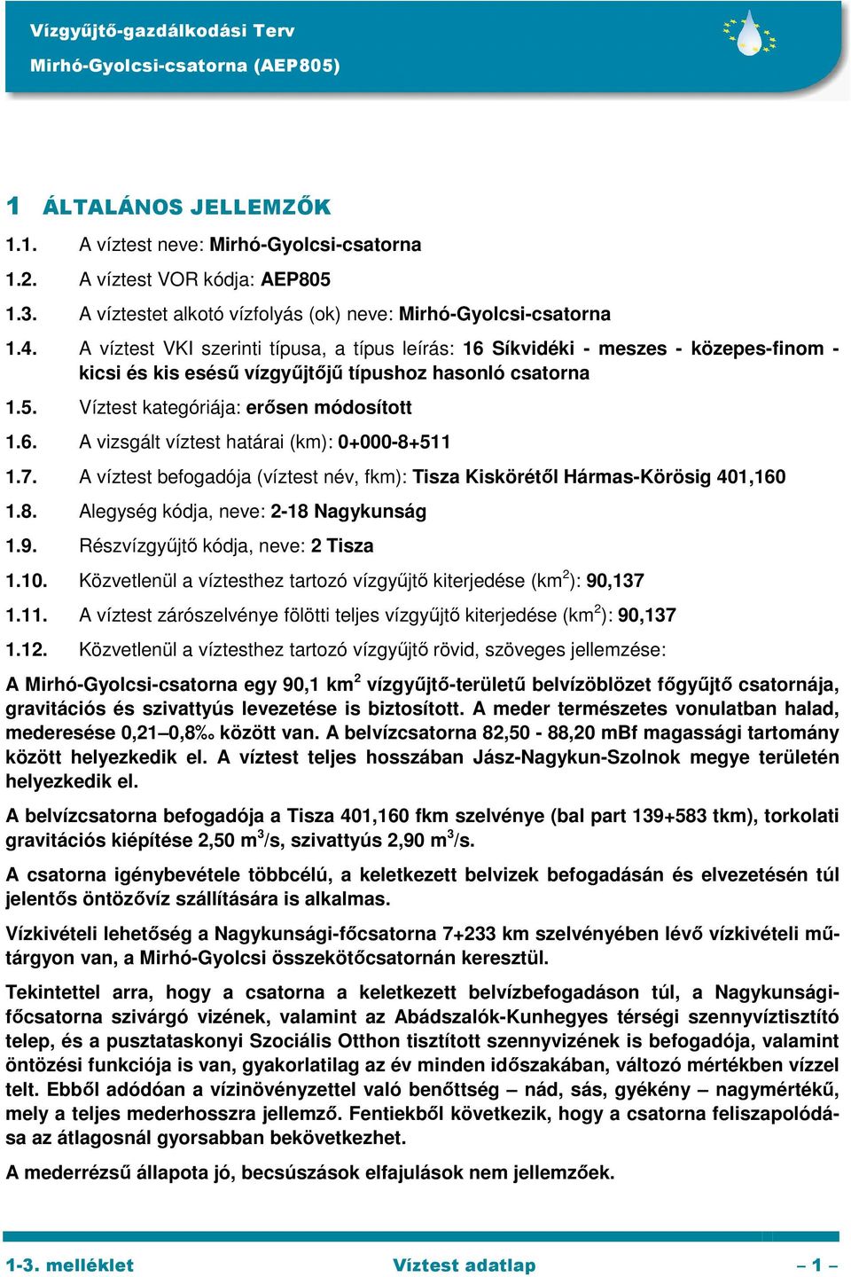 7. A víztest befogadója (víztest név, fkm): Tisza Kiskörétől Hármas-Körösig 401,160 1.8. Alegység kódja, neve: 2-18 Nagykunság 1.9. Részvízgyűjtő kódja, neve: 2 Tisza 1.10.