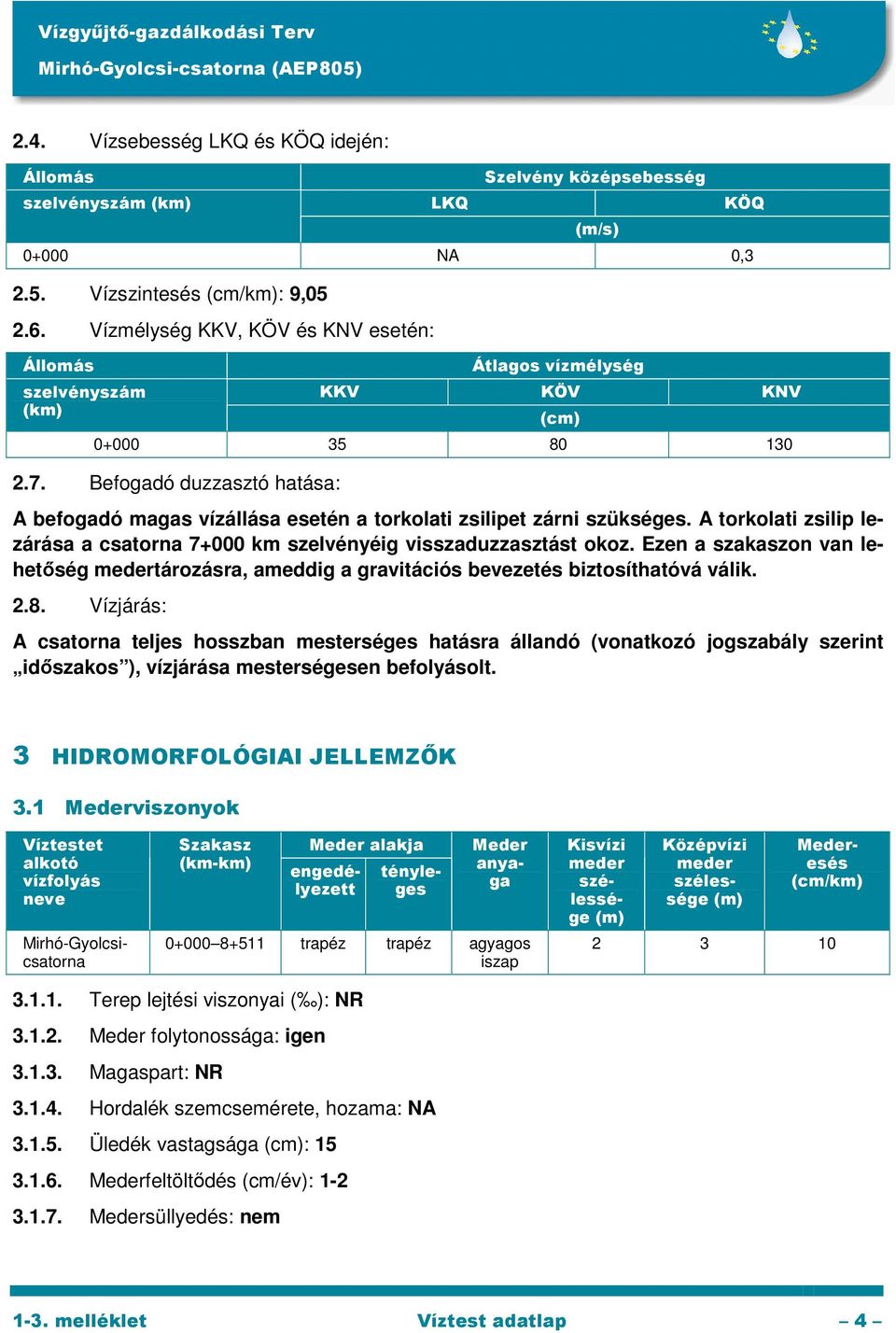 Befogadó duzzasztó hatása: A befogadó magas vízállása esetén a torkolati zsilipet zárni szükséges. A torkolati zsilip lezárása a csatorna 7+000 km szelvényéig visszaduzzasztást okoz.