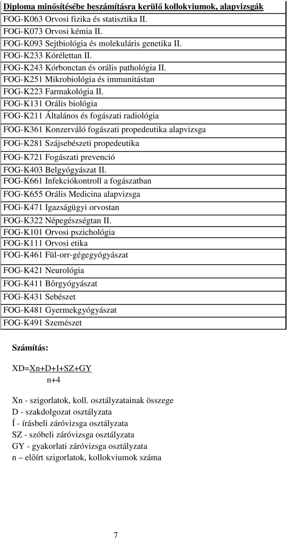 FOG-K131 Orális biológia FOG-K211 Általános és fogászati radiológia FOG-K361 Konzerváló fogászati propedeutika alapvizsga FOG-K281 Szájsebészeti propedeutika FOG-K721 Fogászati prevenció FOG-K403