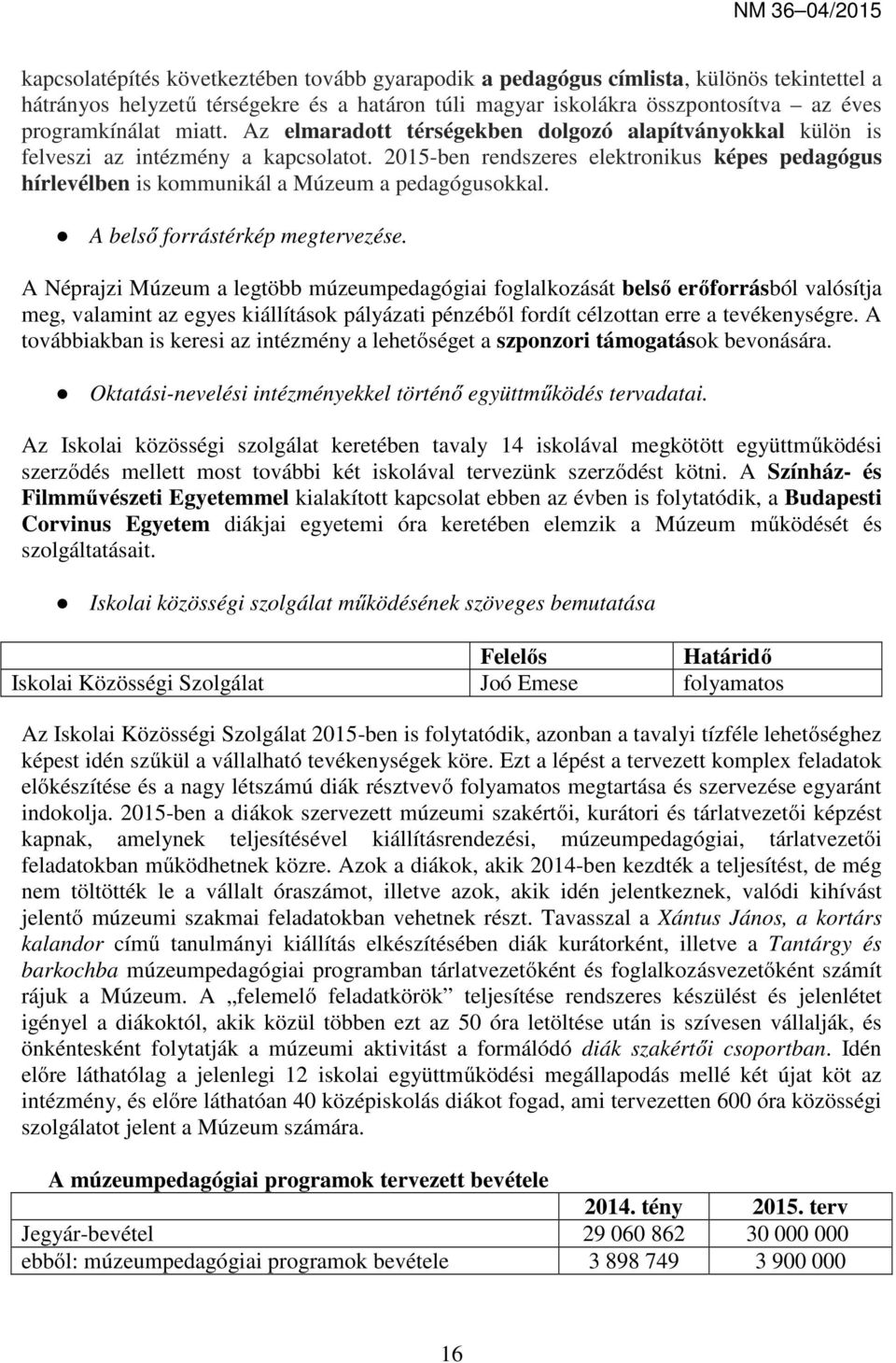 2015-ben rendszeres elektronikus képes pedagógus hírlevélben is kommunikál a Múzeum a pedagógusokkal. A belső forrástérkép megtervezése.