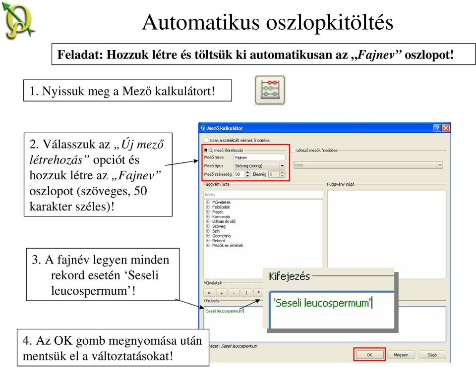 Válasszuk az Új mező létrehozás opciót és hozzuk létre az Fajnev oszlopot (szöveges, 50