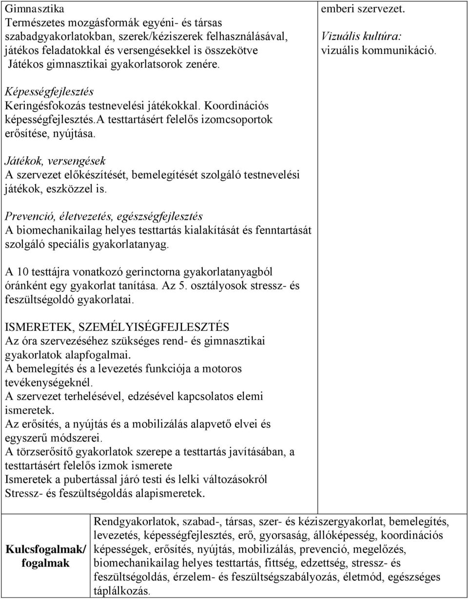 a testtartásért felelős izomcsoportok erősítése, nyújtása. Játékok, versengések A szervezet előkészítését, bemelegítését szolgáló testnevelési játékok, eszközzel is.