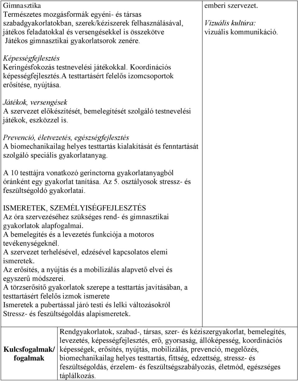 a testtartásért felelős izomcsoportok erősítése, nyújtása. Játékok, versengések A szervezet előkészítését, bemelegítését szolgáló testnevelési játékok, eszközzel is.