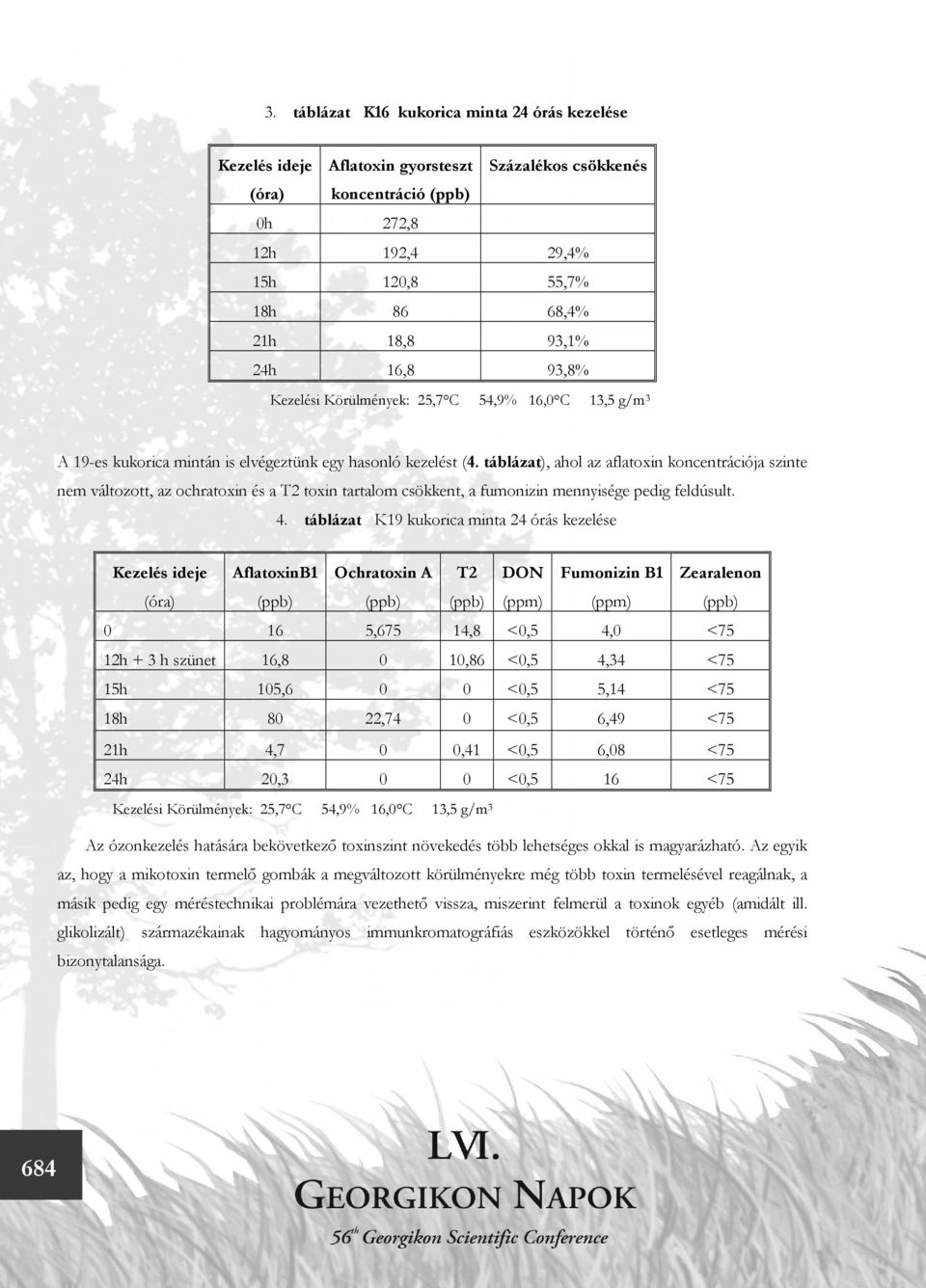 táblázat), ahol az aflatoxin koncentrációja szinte nem változott, az ochratoxin és a T2 toxin tartalom csökkent, a fumonizin mennyisége pedig feldúsult. 4.