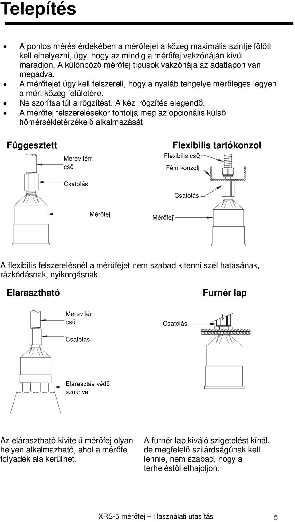 A kézi rögzítés elegendő. A mérőfej felszerelésekor fontolja meg az opcionális külső hőmérsékletérzékelő alkalmazását.