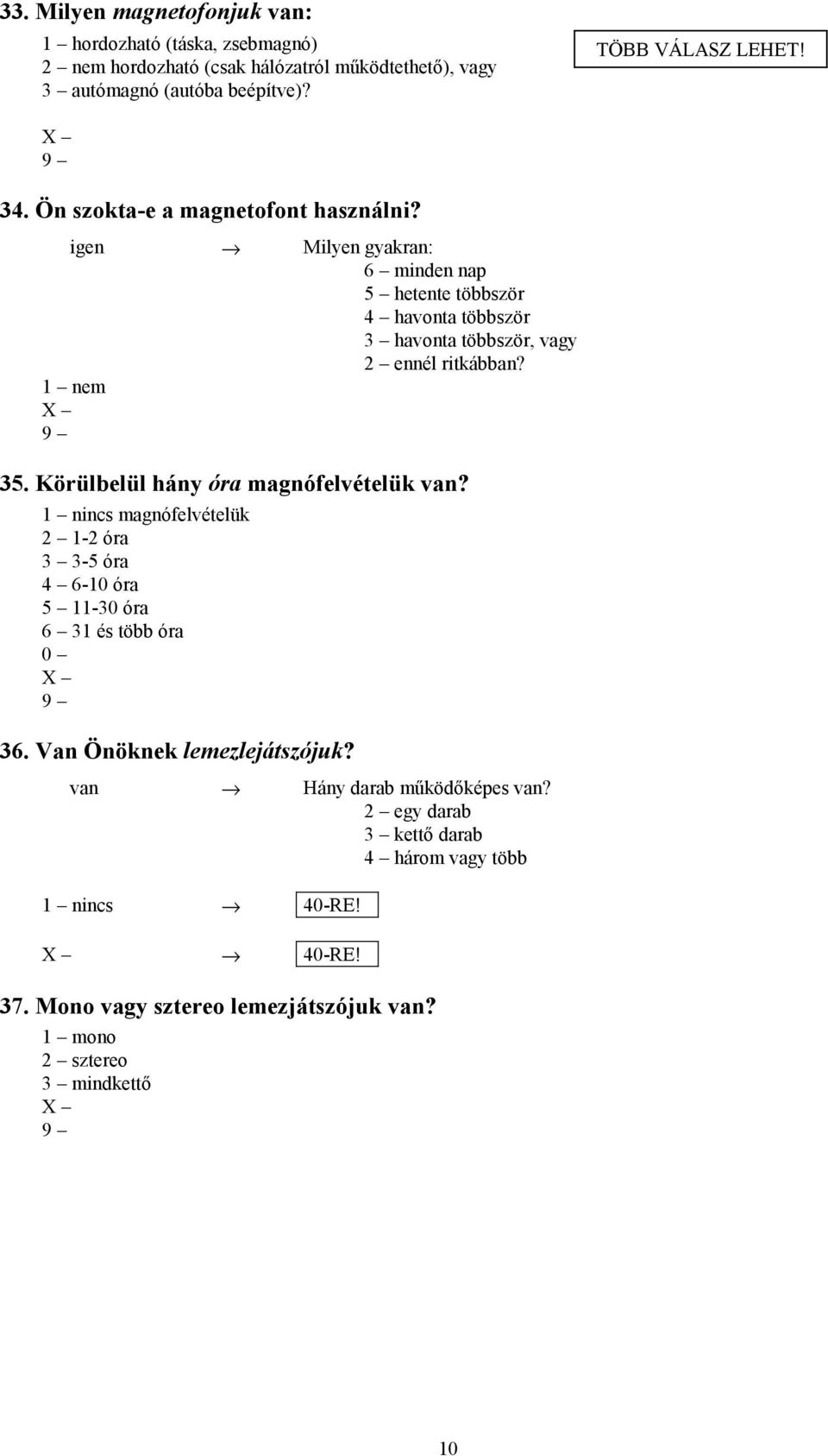 Körülbelül hány óra magnófelvételük van? 1 nincs magnófelvételük 2 1-2 óra 3 3-5 óra 4 6-10 óra 5 11-30 óra 6 31 és több óra 36. Van Önöknek lemezlejátszójuk?