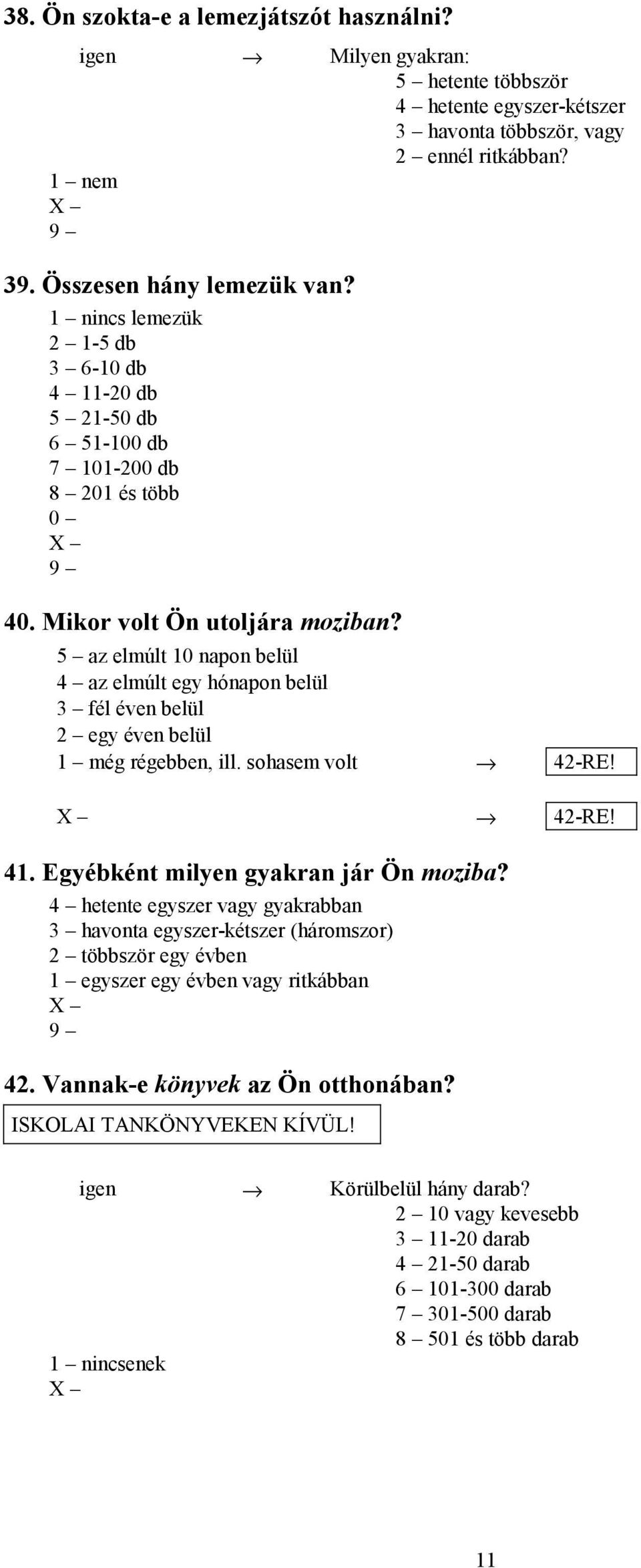 5 az elmúlt 10 napon belül 4 az elmúlt egy hónapon belül 3 fél éven belül 2 egy éven belül 1 még régebben, ill. sohasem volt 42-RE! 42-RE! 41. Egyébként milyen gyakran jár Ön moziba?