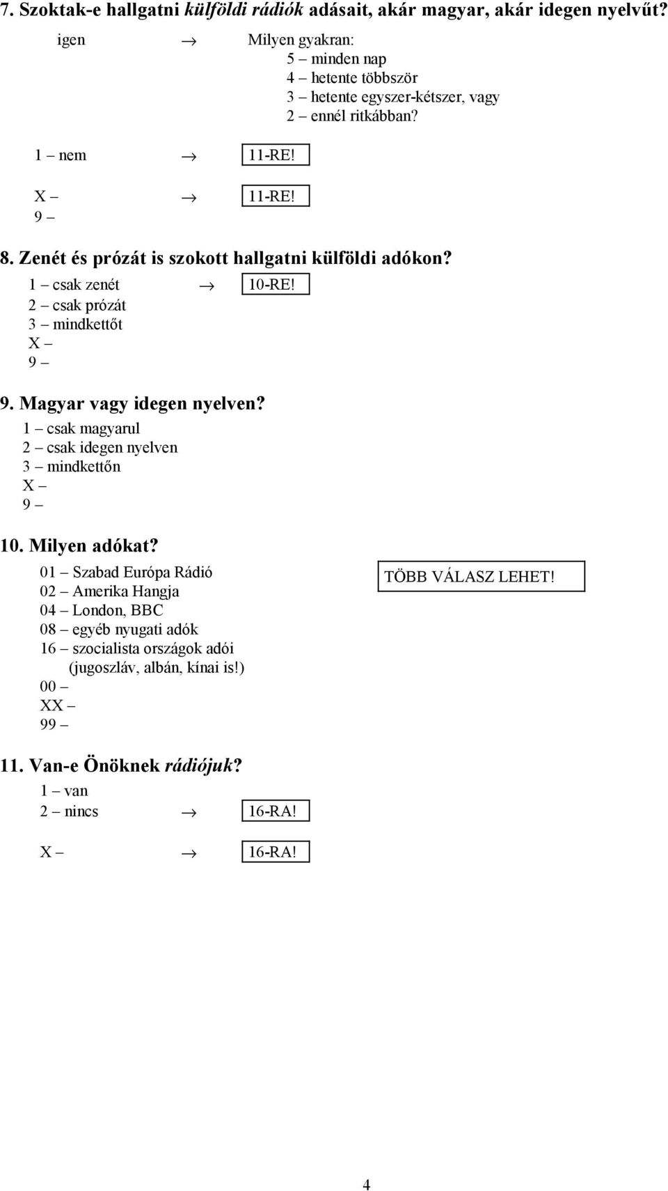 Zenét és prózát is szokott hallgatni külföldi adókon? 1 csak zenét 10-RE! 2 csak prózát 3 mindkettőt 9. Magyar vagy idegen nyelven?