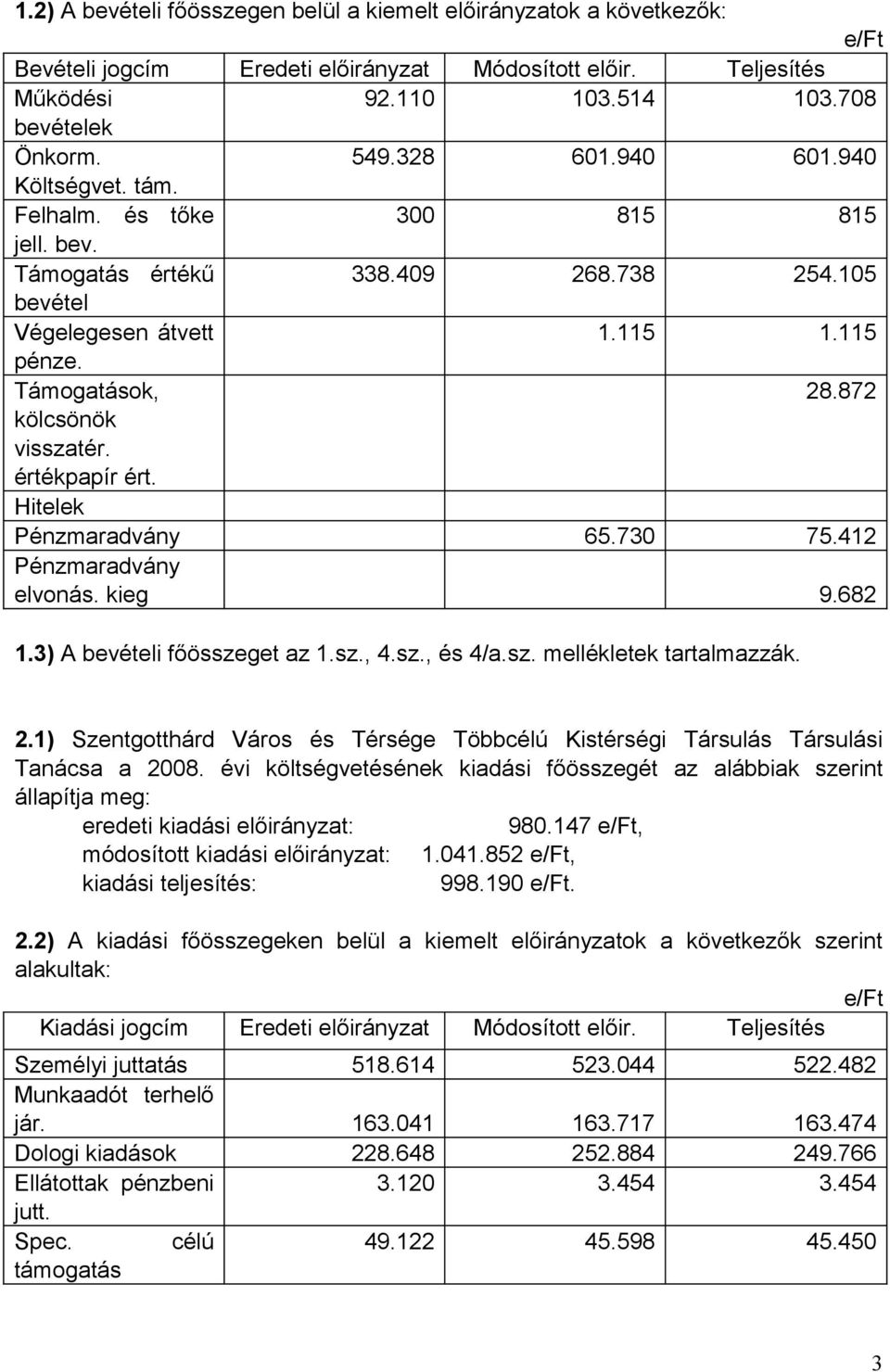 872 kölcsönök visszatér. értékpapír ért. Hitelek Pénzmaradvány 65.730 75.412 Pénzmaradvány elvonás. kieg 9.682 1.3) A bevételi főösszeget az 1.sz., 4.sz., és 4/a.sz. mellékletek tartalmazzák. 2.