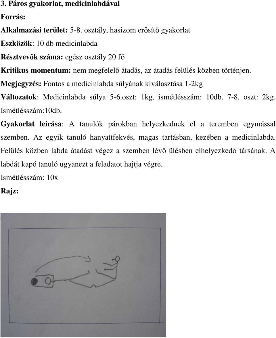 Megjegyzés: Fontos a medicinlabda súlyának kiválasztása 1-2kg Változatok: Medicinlabda súlya 5-6.oszt: 1kg, ismétlésszám: 10db. 7-8. oszt: 2kg. Ismétlésszám:10db.