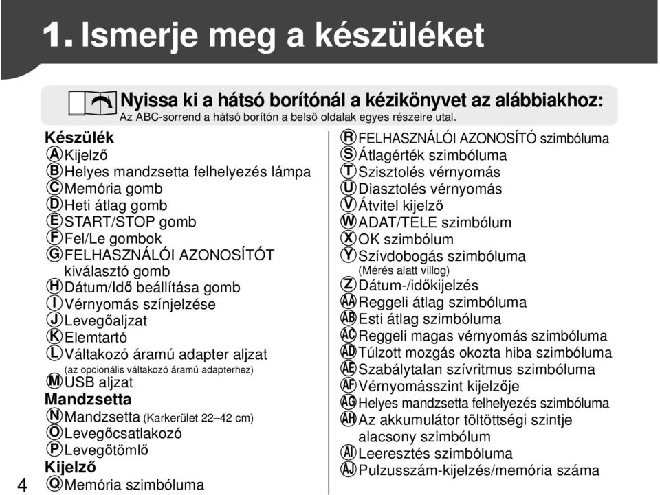 színjelzése J Levegőaljzat K Elemtartó L Váltakozó áramú adapter aljzat (az opcionális váltakozó áramú adapterhez) M USB aljzat Mandzsetta N O P Kijelző Q Memória szimbóluma Mandzsetta (Karkerület 22